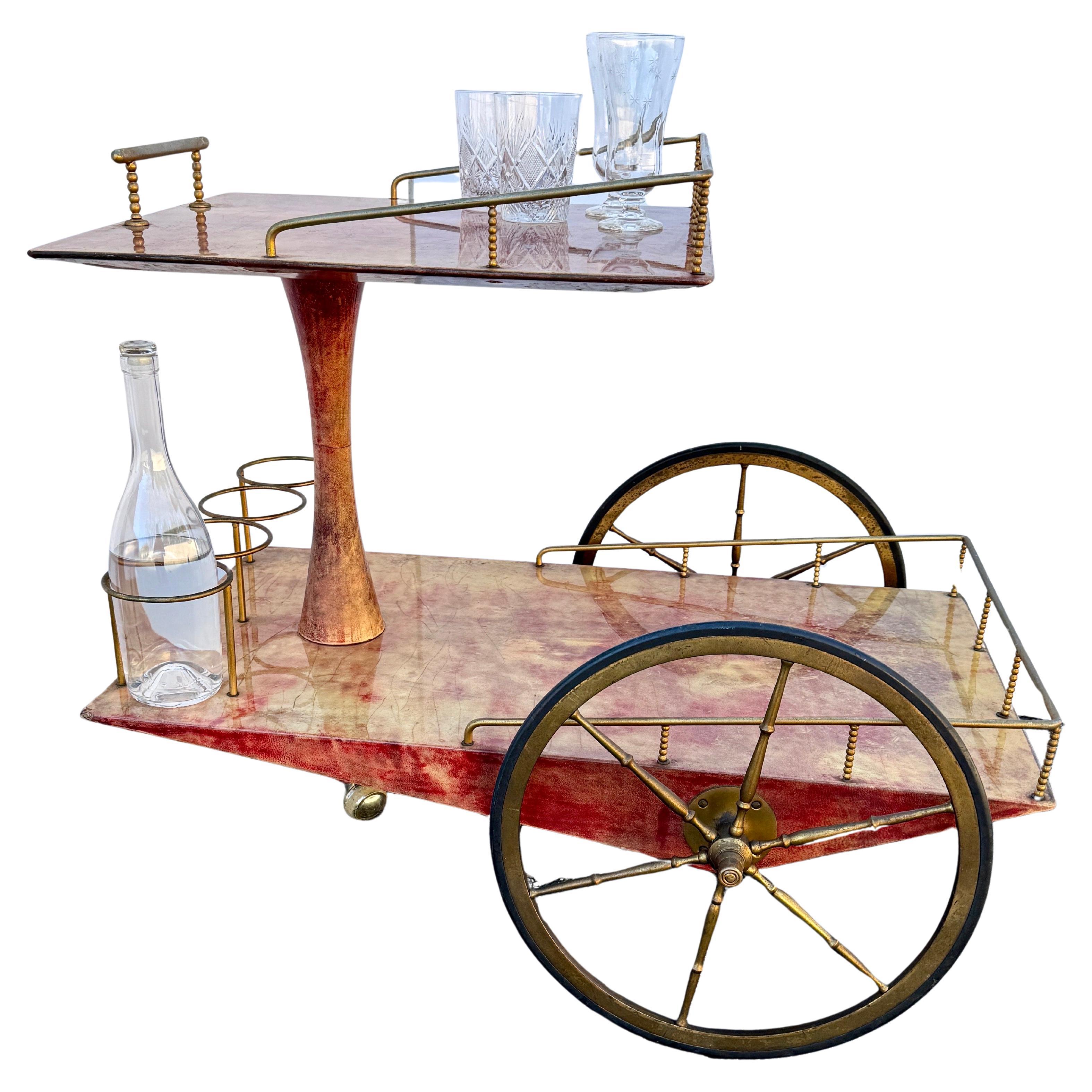 Brass Italian Two-Tier Mid-Century Modern Bar Cart Trolley by Aldo Tura  For Sale