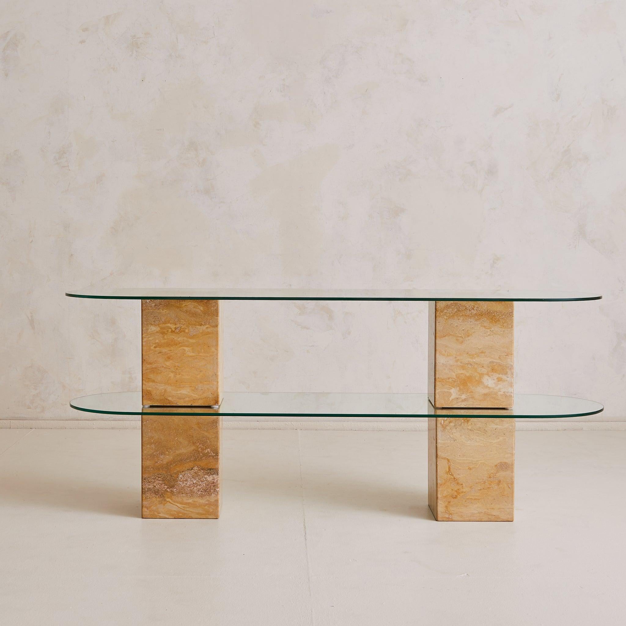 Modern Italian Two-Tier Pill Shaped Glass + Travertine Console, 1970s For Sale