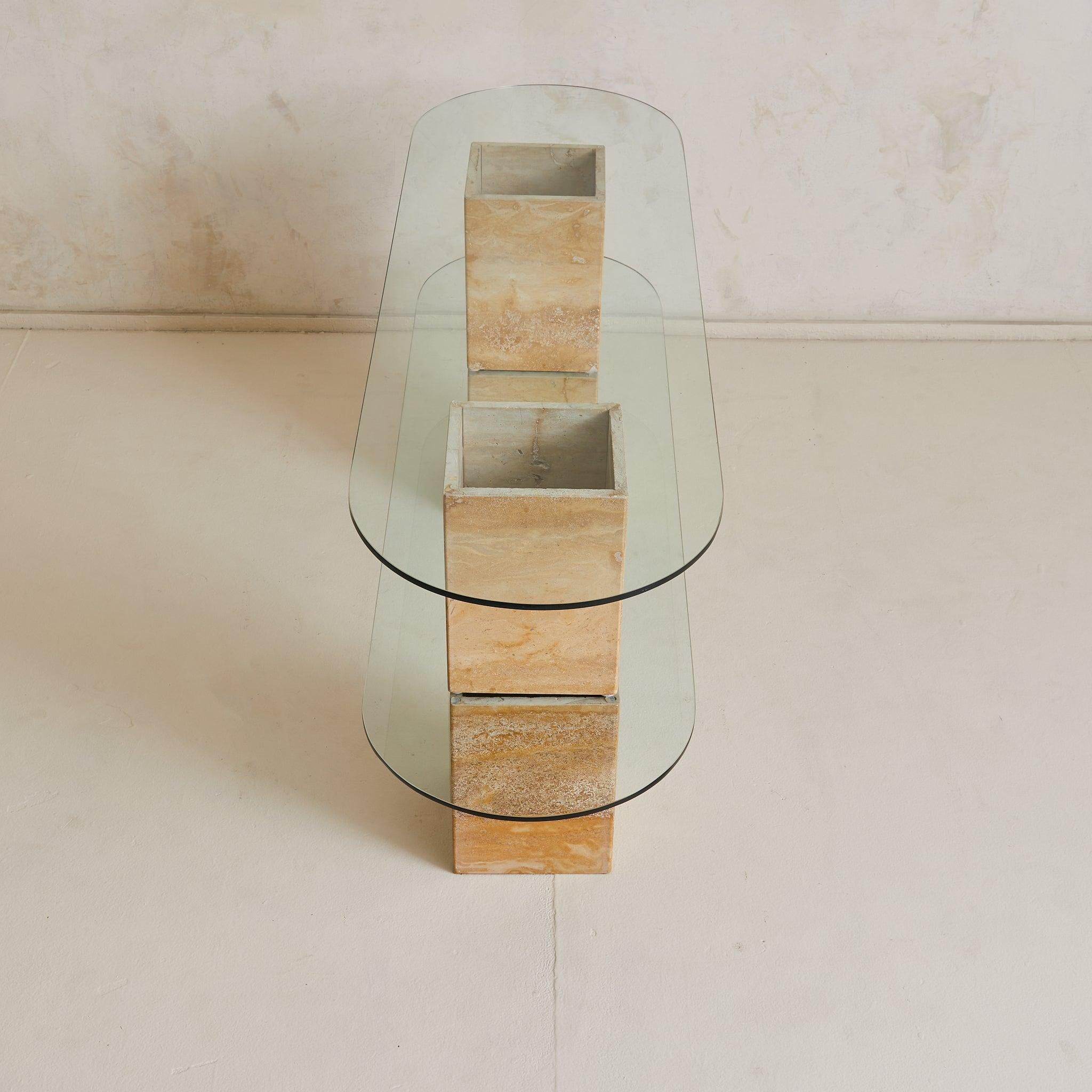 Italian Two-Tier Pill Shaped Glass + Travertine Console, 1970s In Good Condition For Sale In Chicago, IL