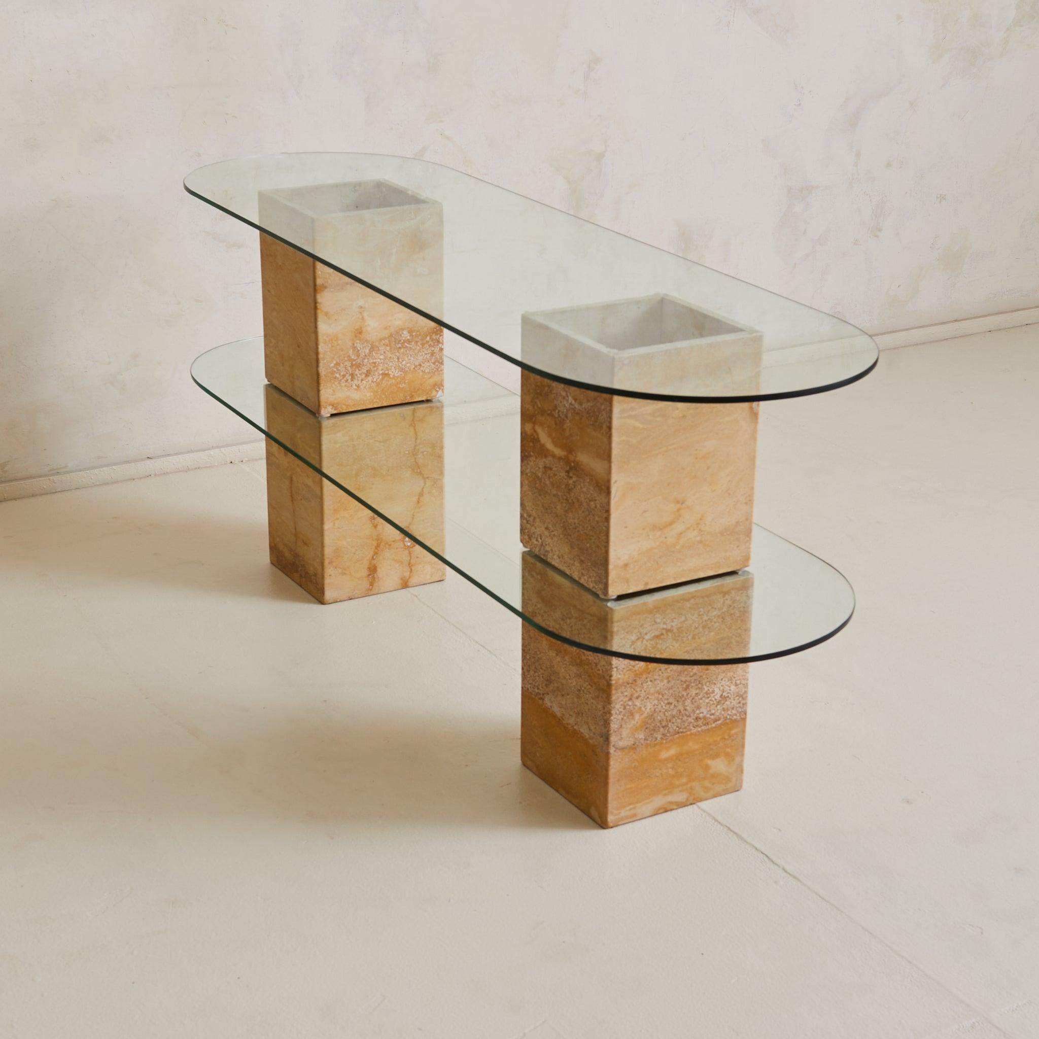 Late 20th Century Italian Two-Tier Pill Shaped Glass + Travertine Console, 1970s For Sale