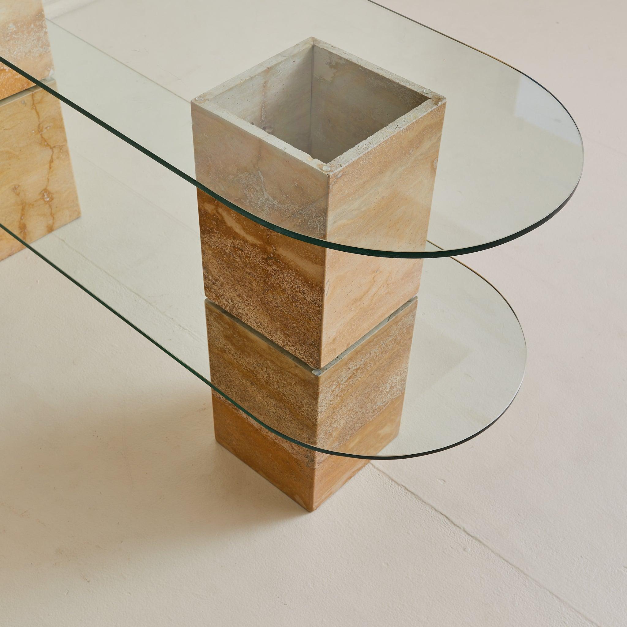 Italian Two-Tier Pill Shaped Glass + Travertine Console, 1970s For Sale 1