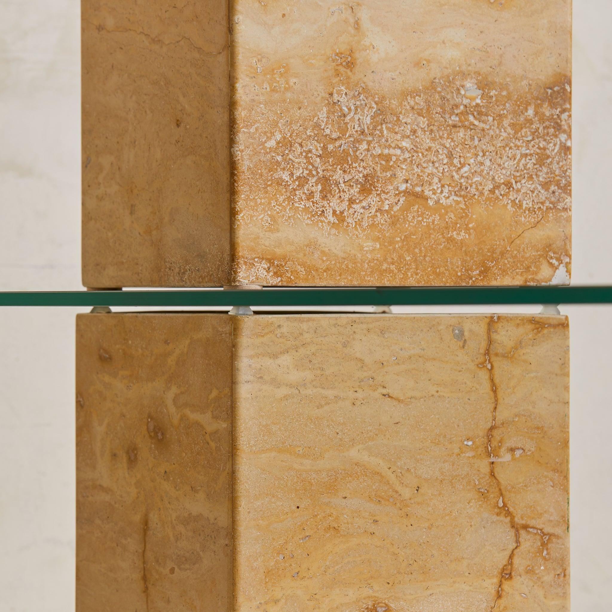 Italian Two-Tier Pill Shaped Glass + Travertine Console, 1970s For Sale 3