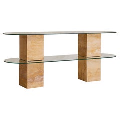 Italian Two-Tier Pill Shaped Glass + Travertine Console, 1970s Italian Two-Tier Pill Shaped Glass + Travertine Console, 1970s