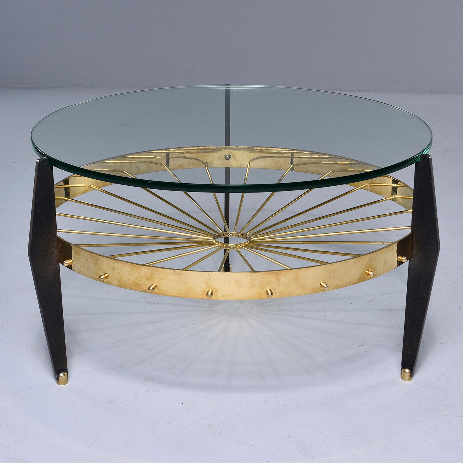 Italian Two-Tier Table with Brass Spokes Wood Legs and Glass Top 5