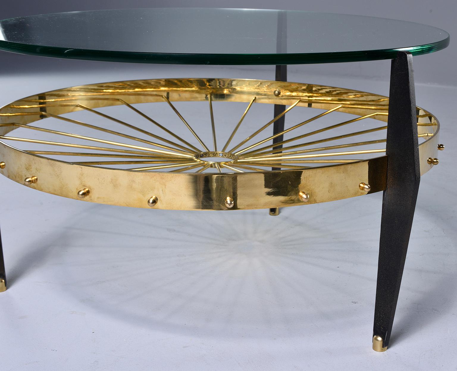 20th Century Italian Two-Tier Table with Brass Spokes Wood Legs and Glass Top