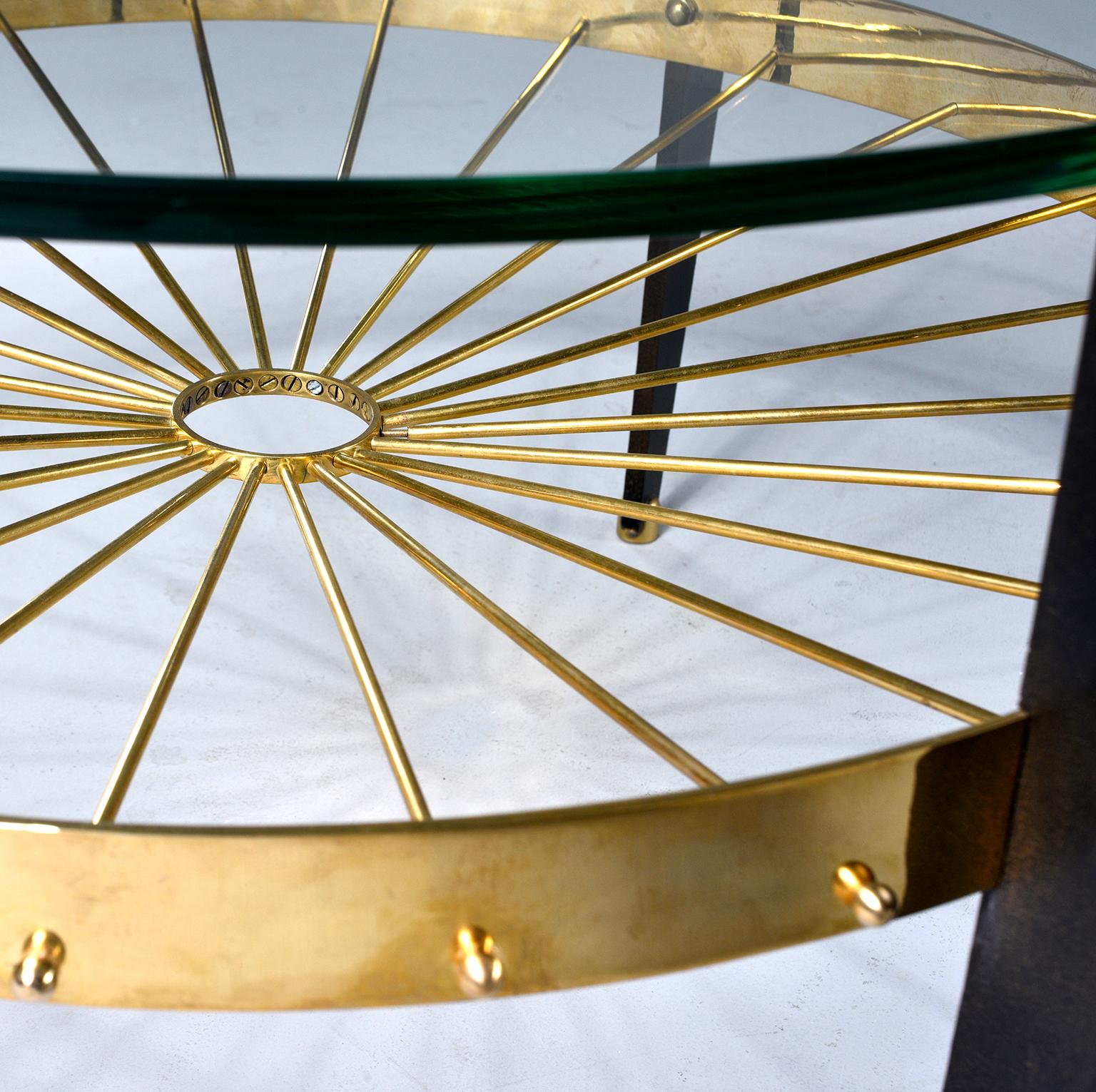 Italian Two-Tier Table with Brass Spokes Wood Legs and Glass Top 3