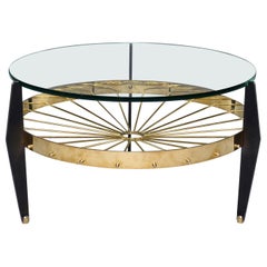 Italian Two-Tier Table with Brass Spokes Wood Legs and Glass Top