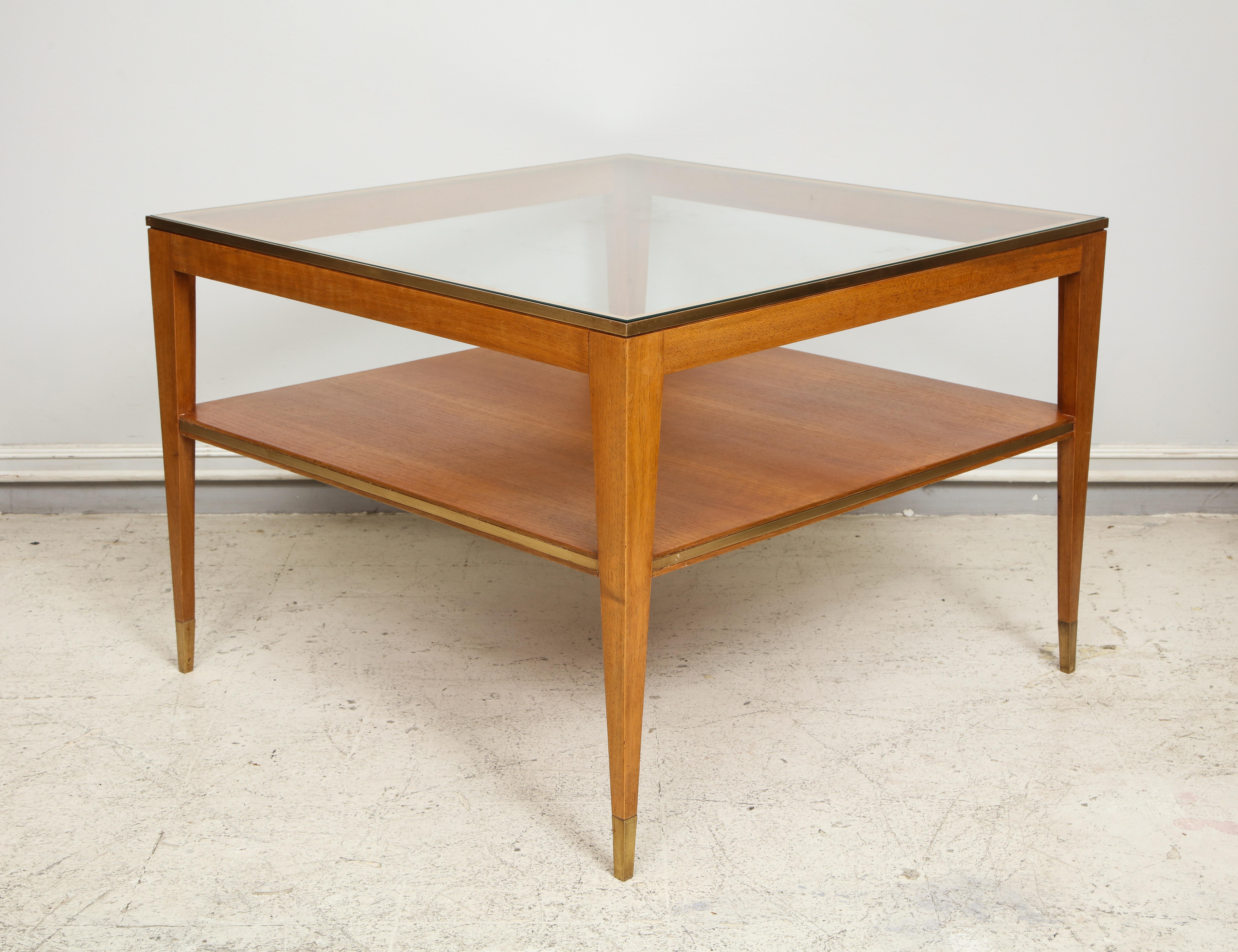 Mid-Century Modern Italian Two-Tiered Cocktail Table with Bronze Trim on Tapered Legs