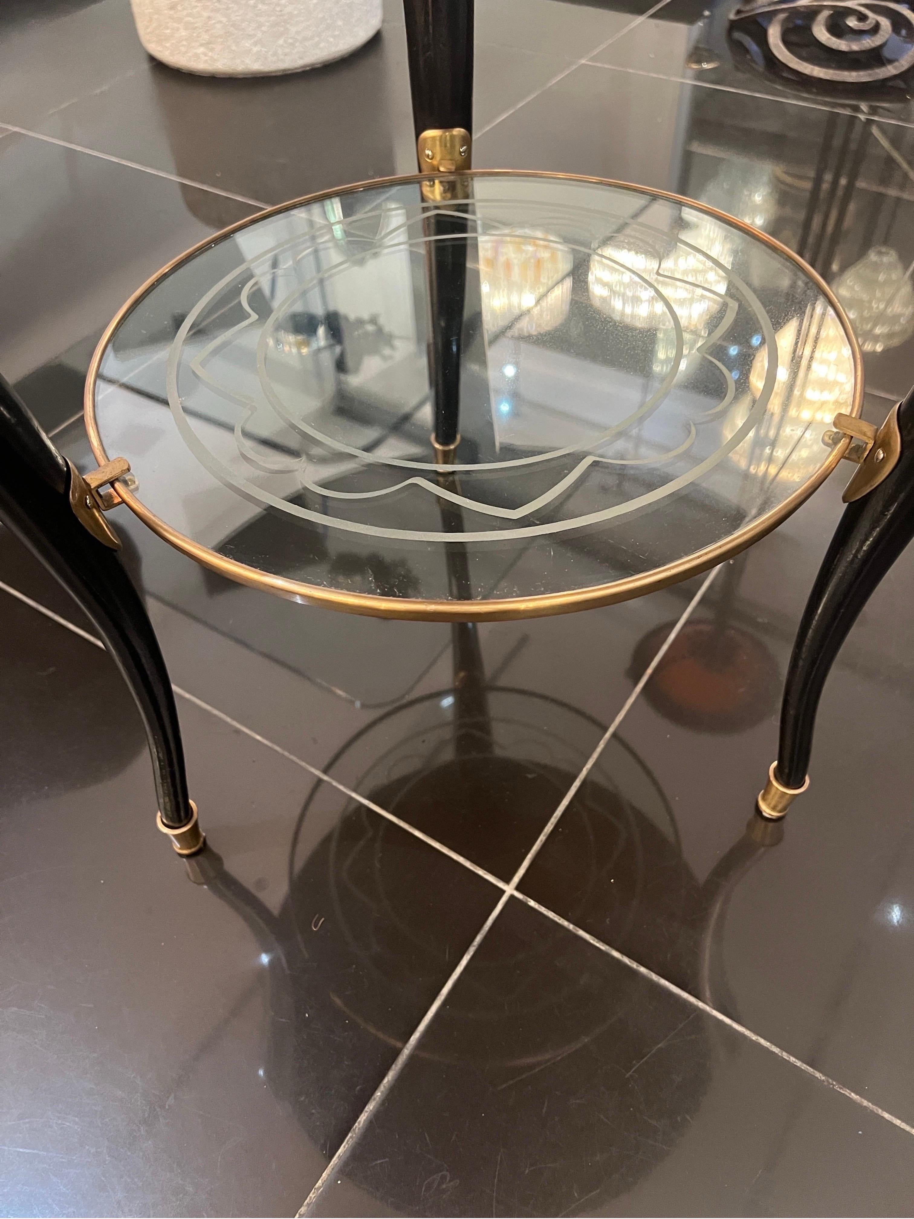 Italian Two tiered marquetry brass and glass side table  In Good Condition For Sale In London, GB