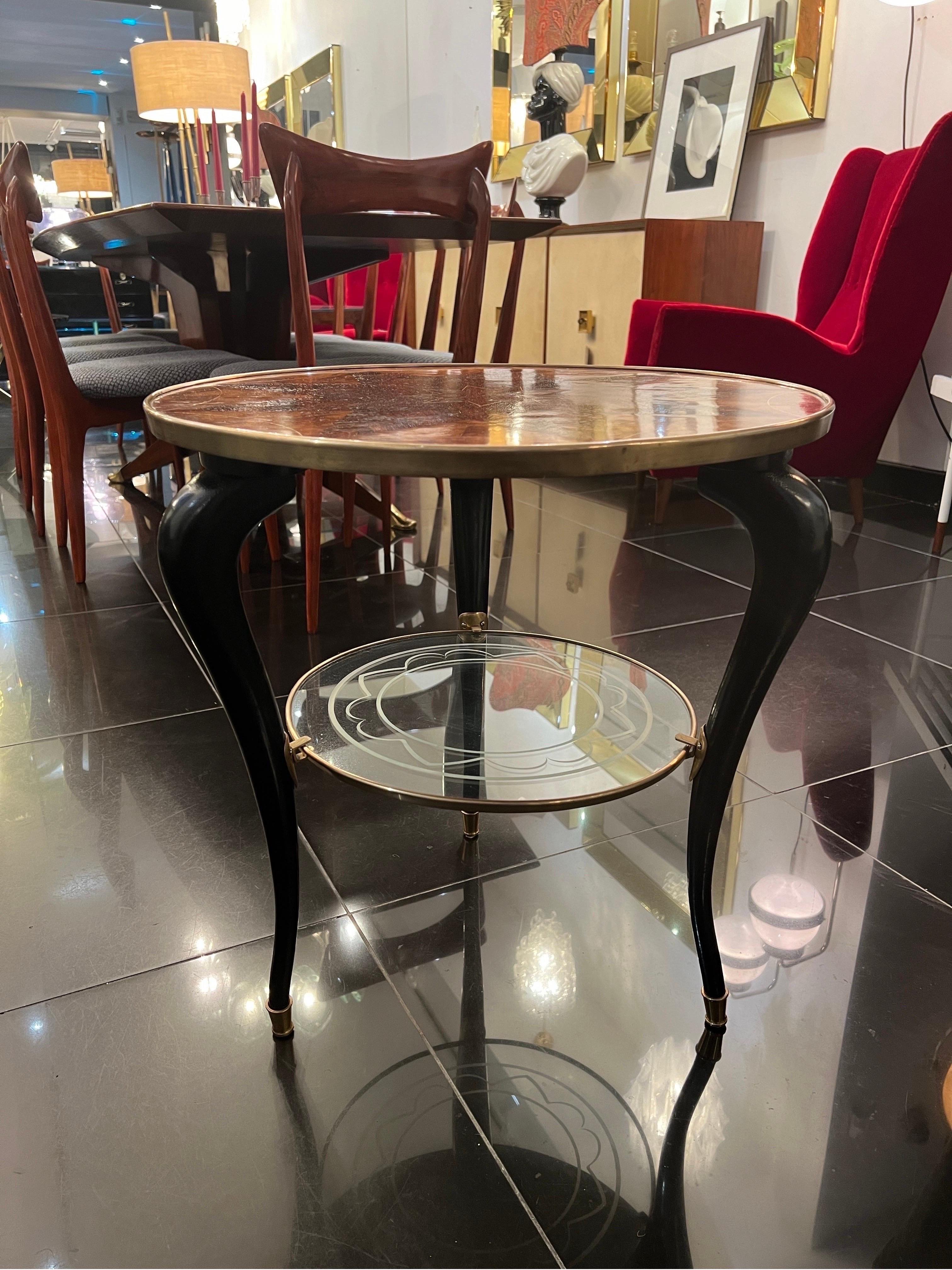 20th Century Italian Two tiered marquetry brass and glass side table  For Sale