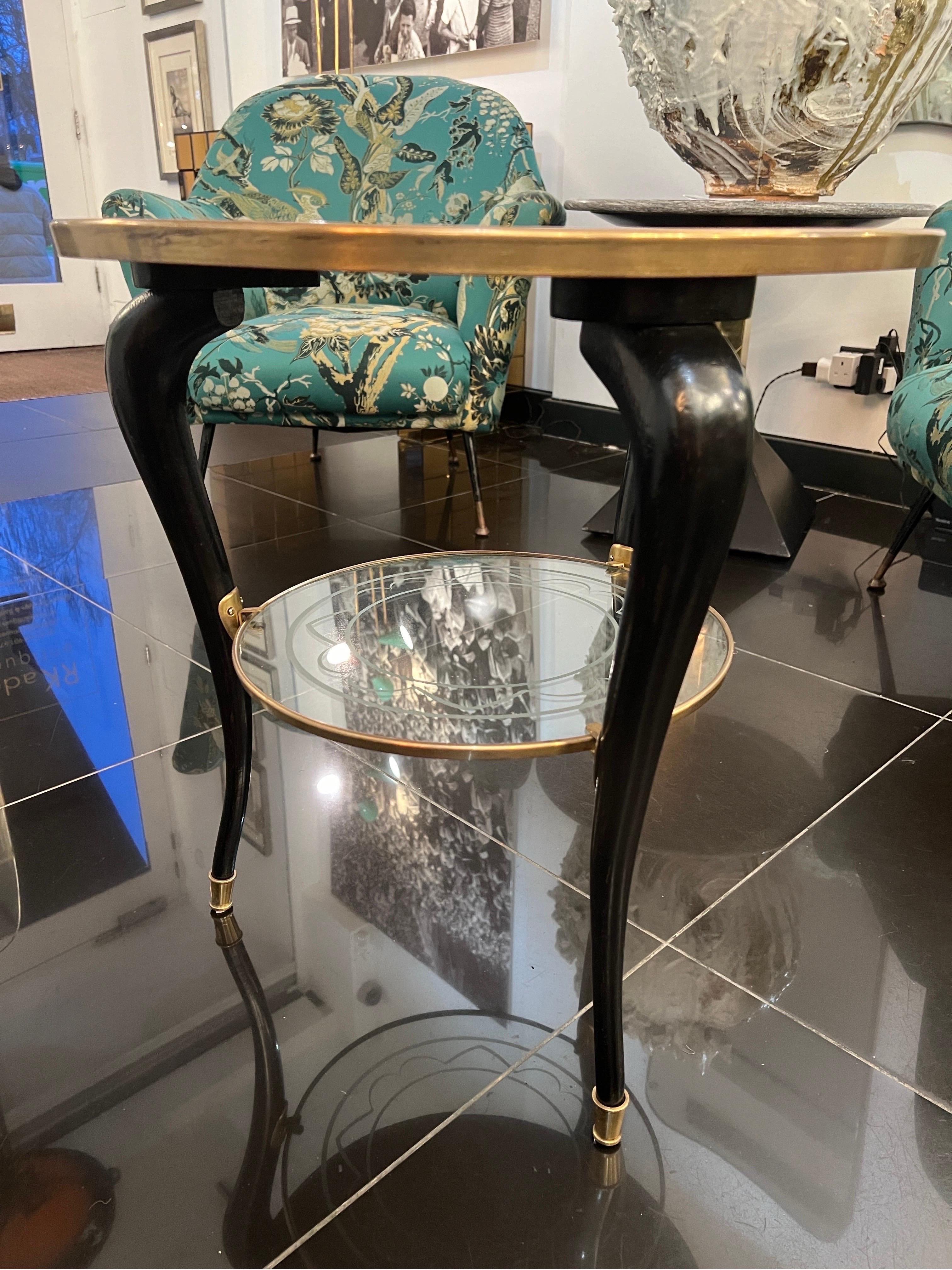 Brass Italian Two tiered marquetry brass and glass side table  For Sale