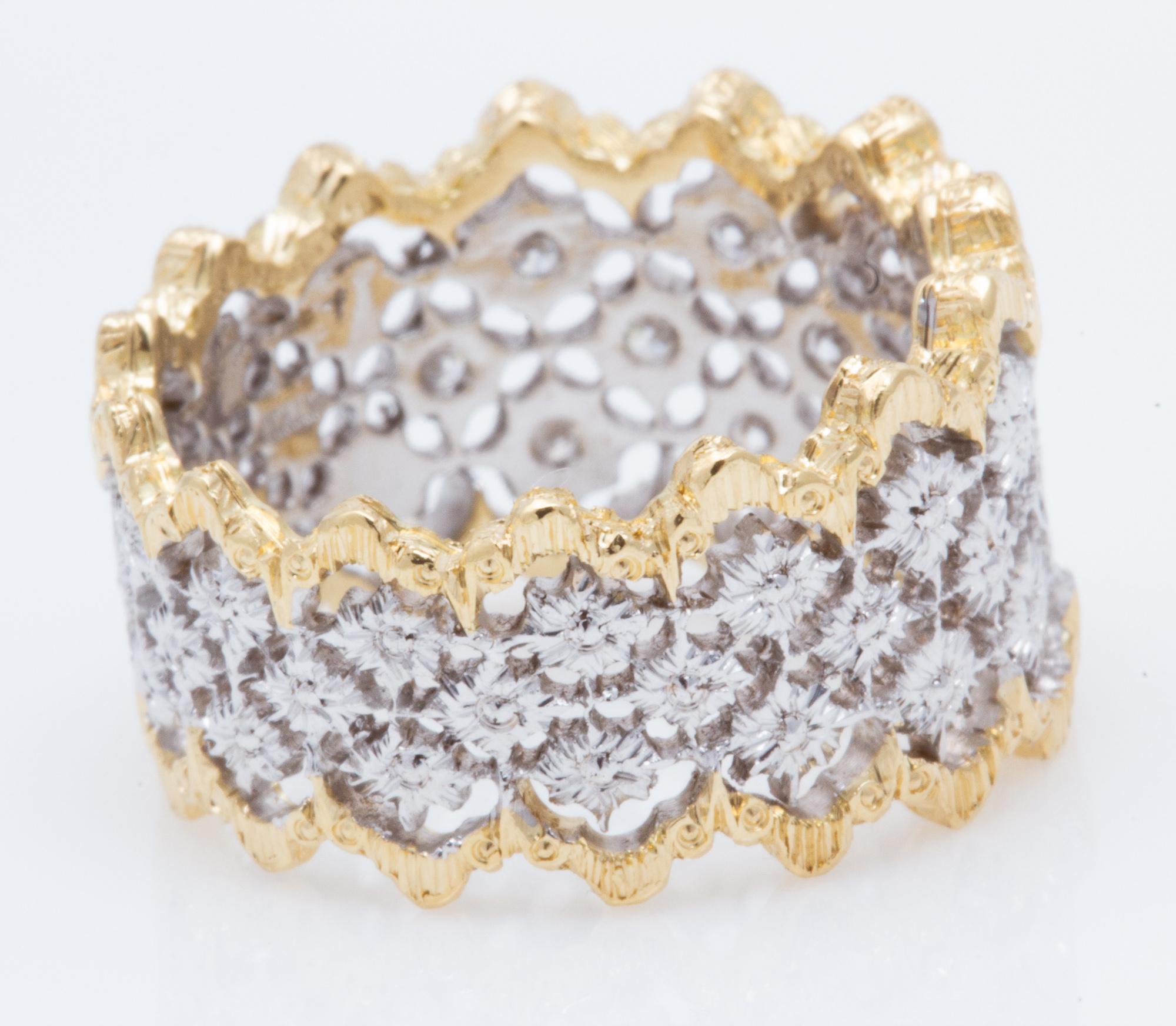 Italian Two-Toned 18 Karat Florentine Engraved Diamond Ring For Sale 4