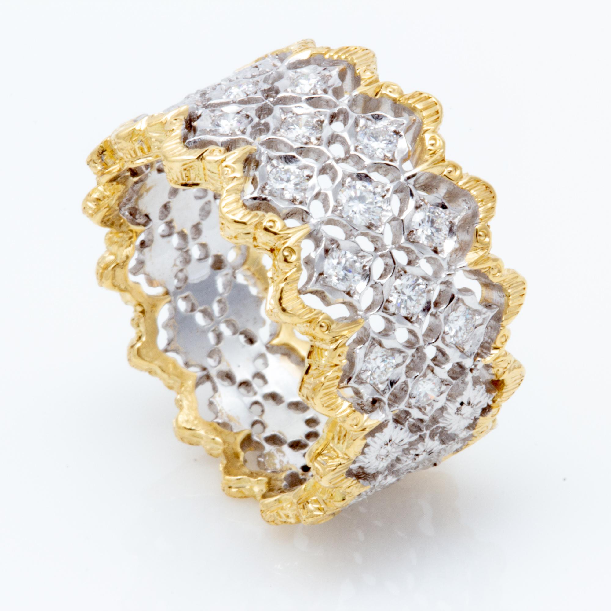 Italian Two-Toned 18 Karat Florentine Engraved Diamond Ring For Sale 5