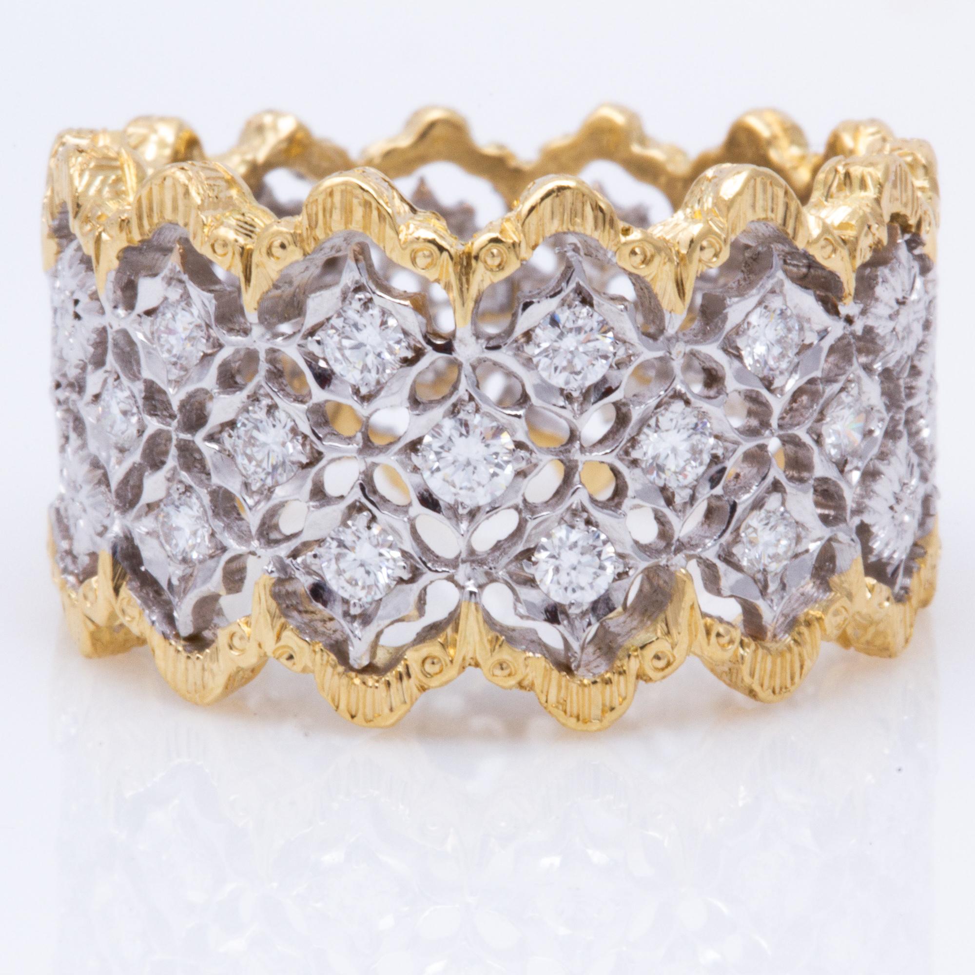Round Cut Italian Two-Toned 18 Karat Florentine Engraved Diamond Ring For Sale