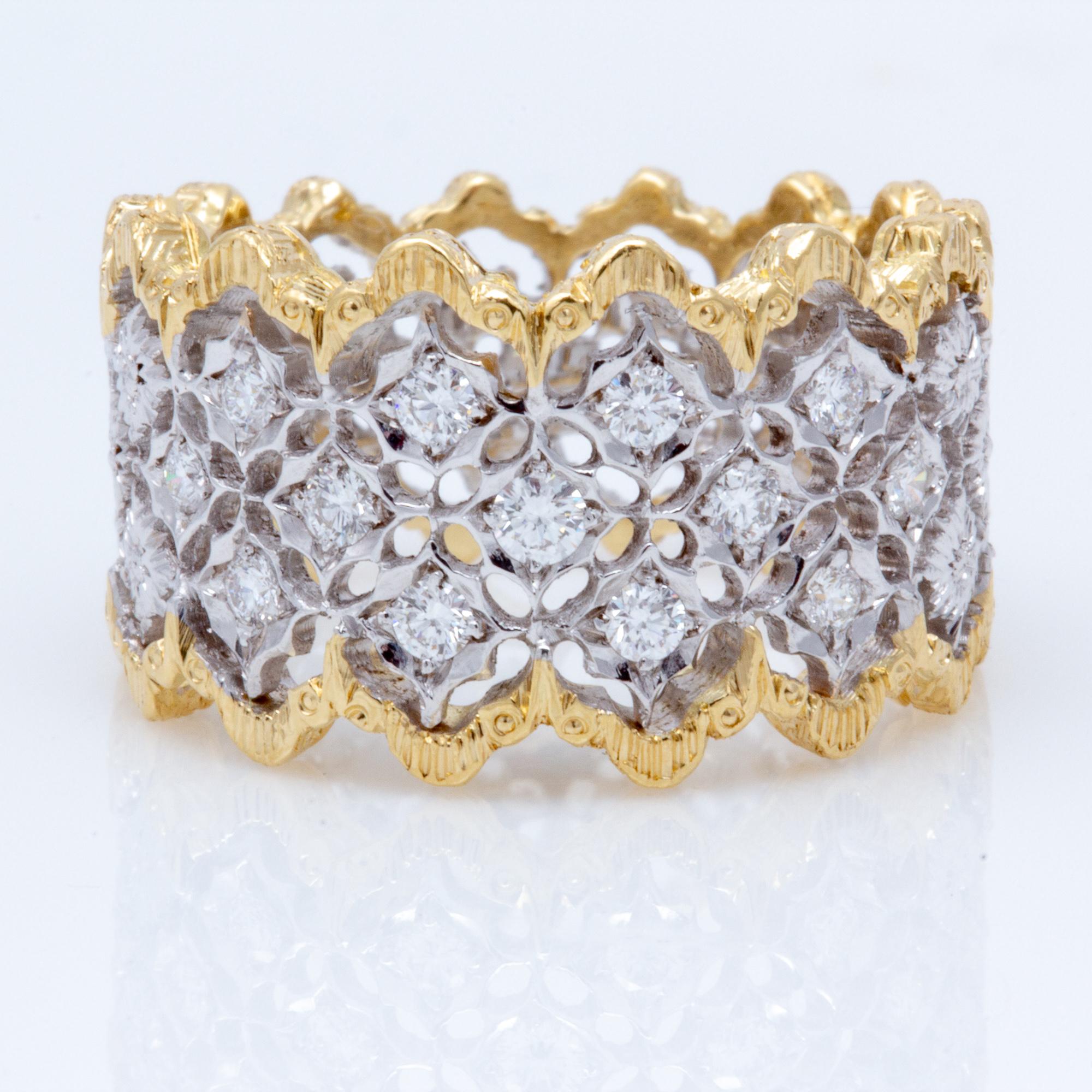 Bague italienne en or bicolore 18 carats avec diamants gravés florentins Unisexe en vente