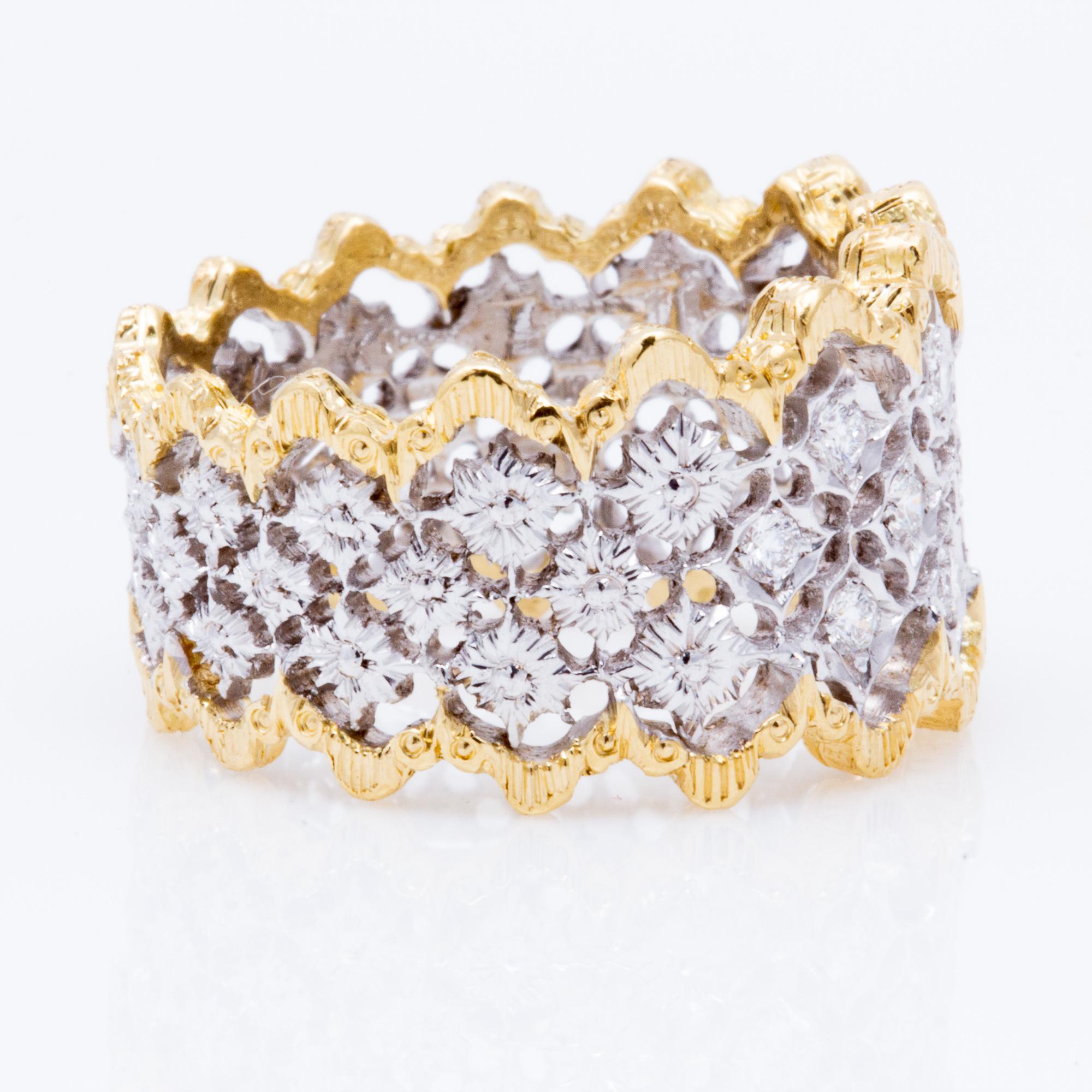 Bague italienne en or bicolore 18 carats avec diamants gravés florentins en vente 3