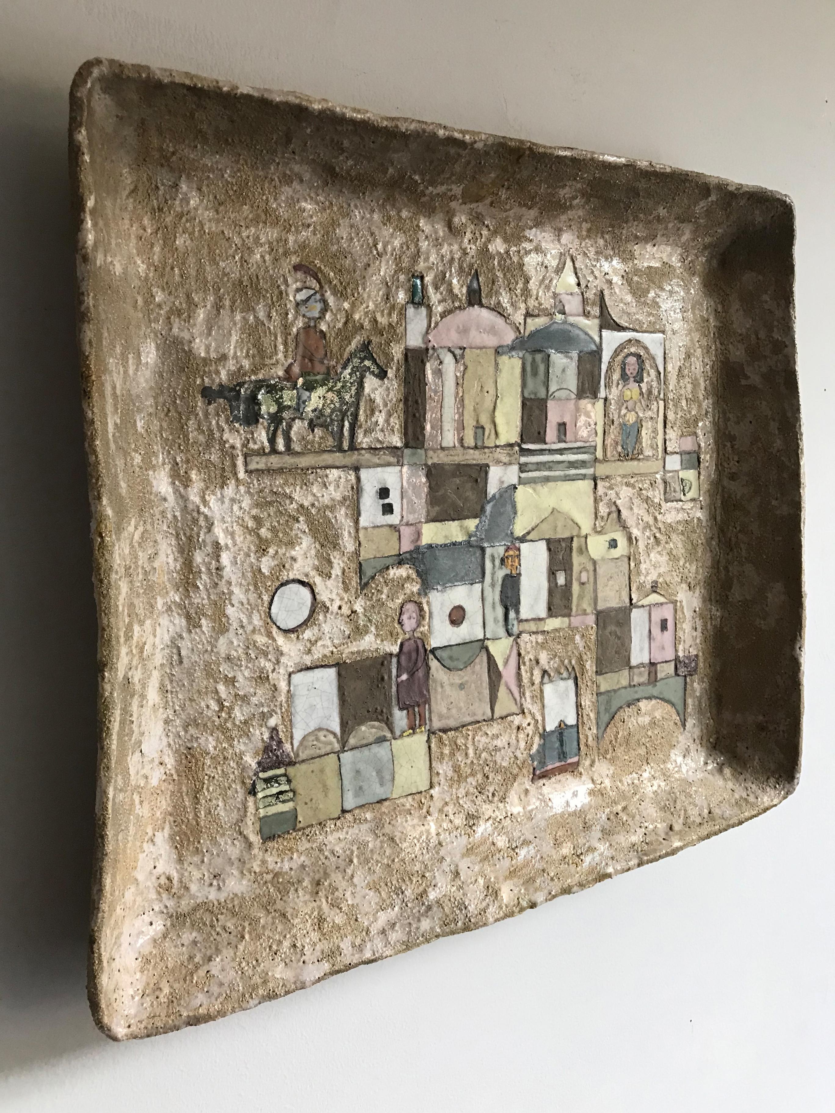 Hand-Painted Italian Ulisse Pagliari Midcentury Ceramic Panel Wall Tray 1964 For Sale