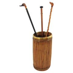 Italian Umbrella Stand in Rattan with Brass Rim, 1960