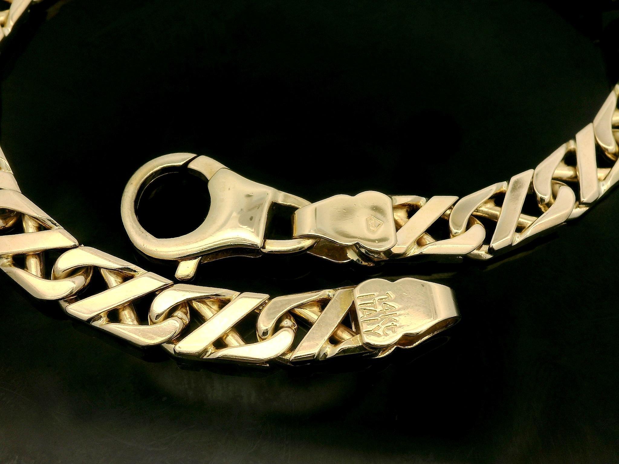 Material: Solid 14k Yellow Gold
Weight: 24.08 Grams
Chain Length: Measures 8.25 Inches Next to a Ruler. Will fit up to a 8 inch wrist (fitted on a wrist)
Clasp: Large Lobster Claw Clasp
Width: 6mm (0.23