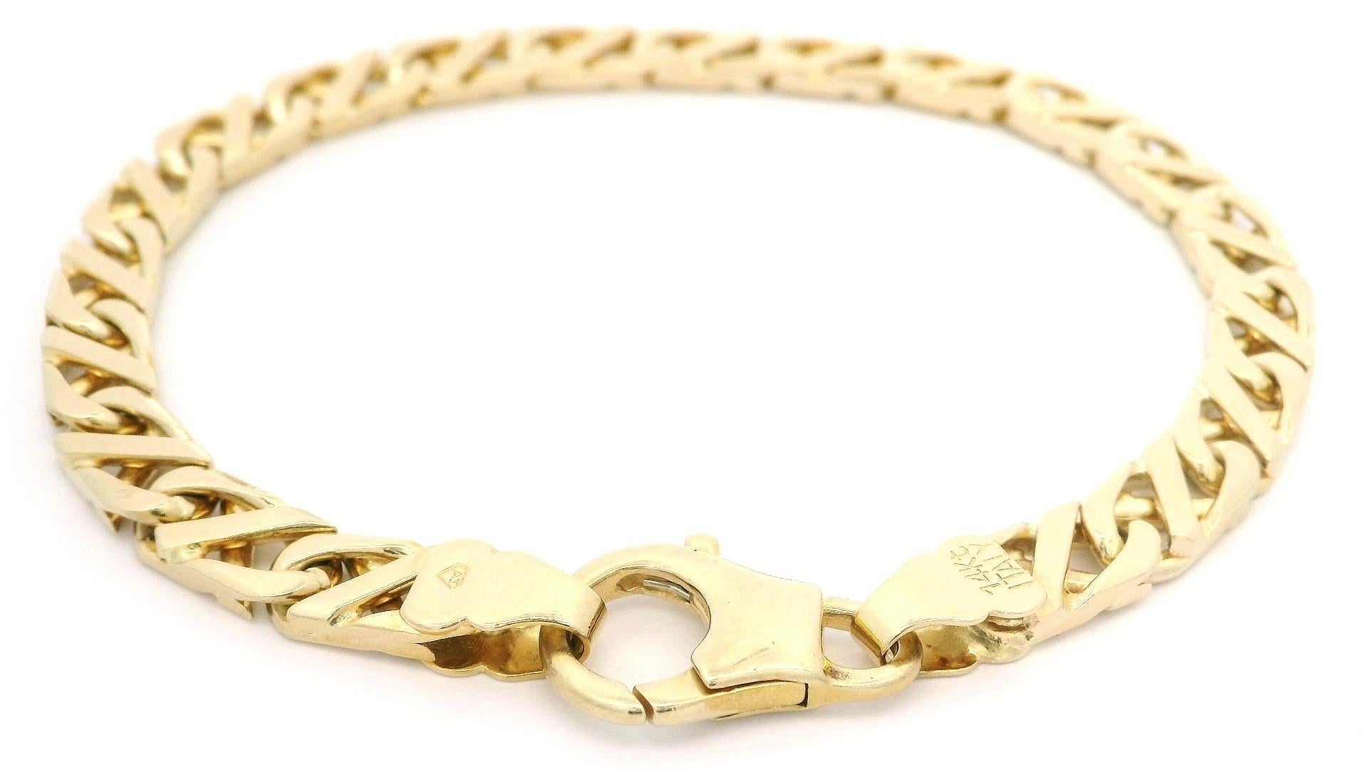 Italian Unisex Solid 14k Yellow Gold Unique Polished Link Chain Bracelet For Sale 1