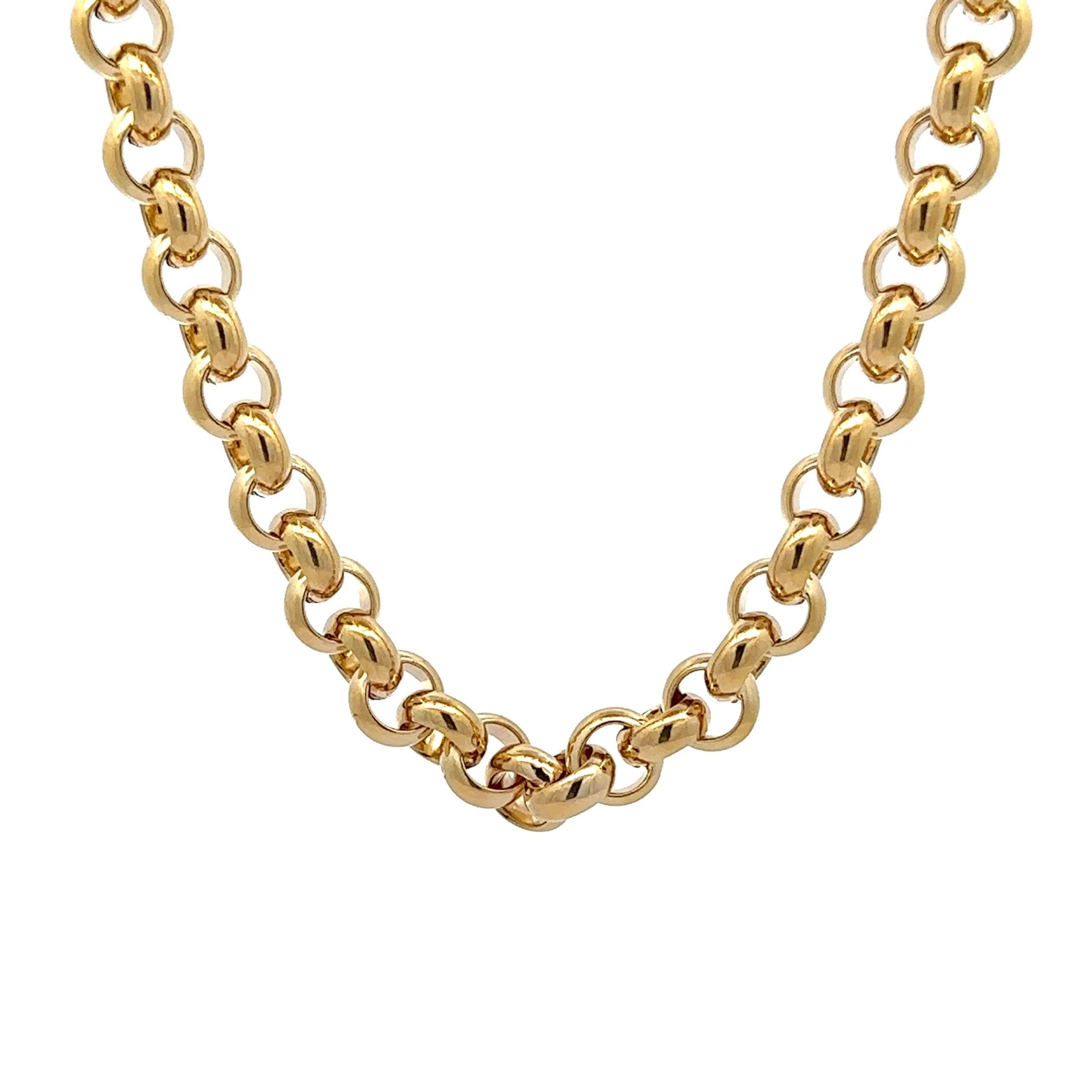 Material: Solid 14k Yellow Gold
Weight: 43.56 Grams
Chain Type: Polished Rolo Link
Chain Length: 28 Inches
Chain Width: 7.7mm (0.30