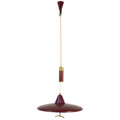 Italian Up and Down Chandelier Red Stilnovo Style in Brass and Aluminium, 1950s