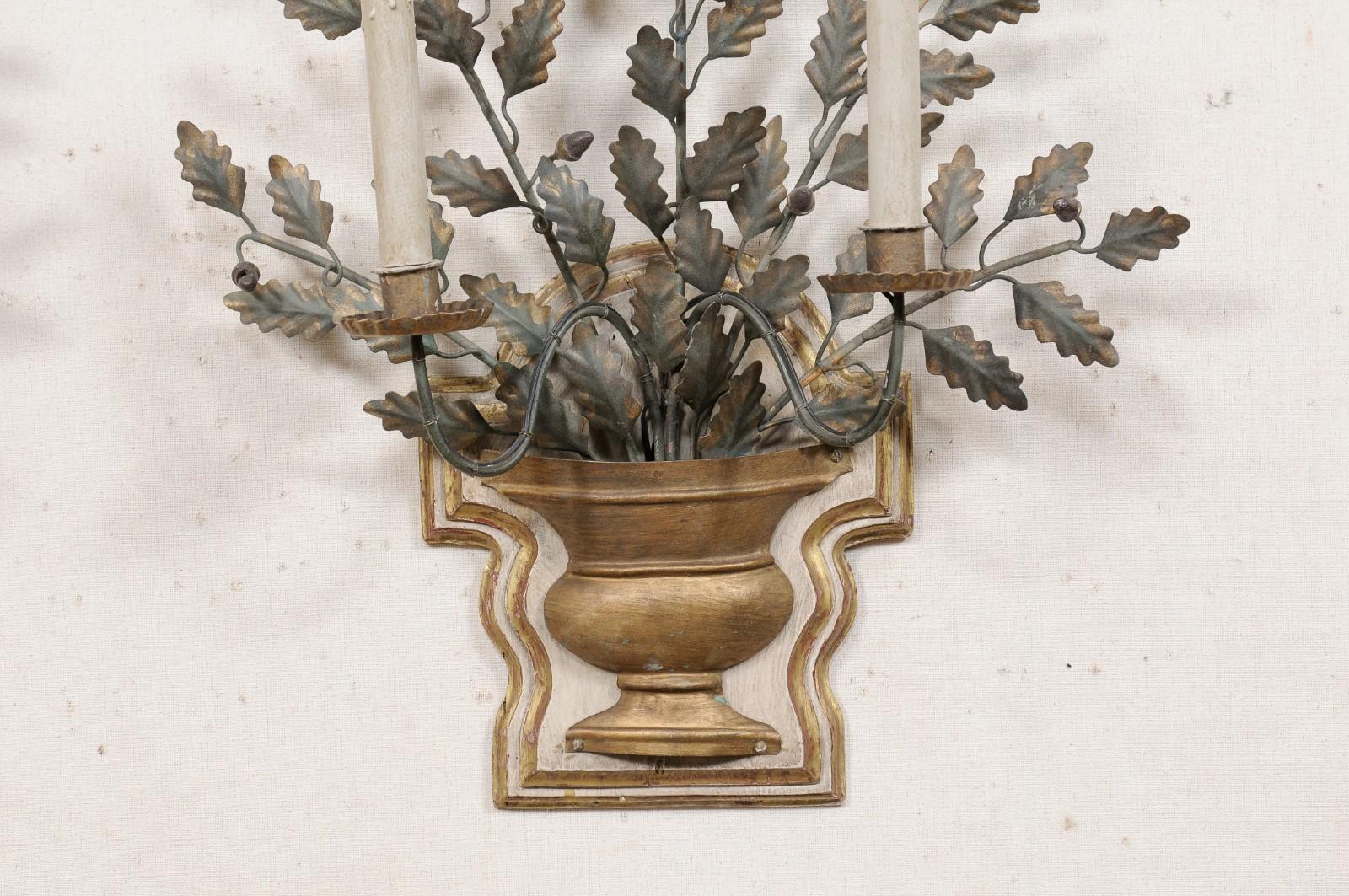 Italian Urn & Floral Motif Two-Light Candle Wall Sconces of Metal and Wood 6