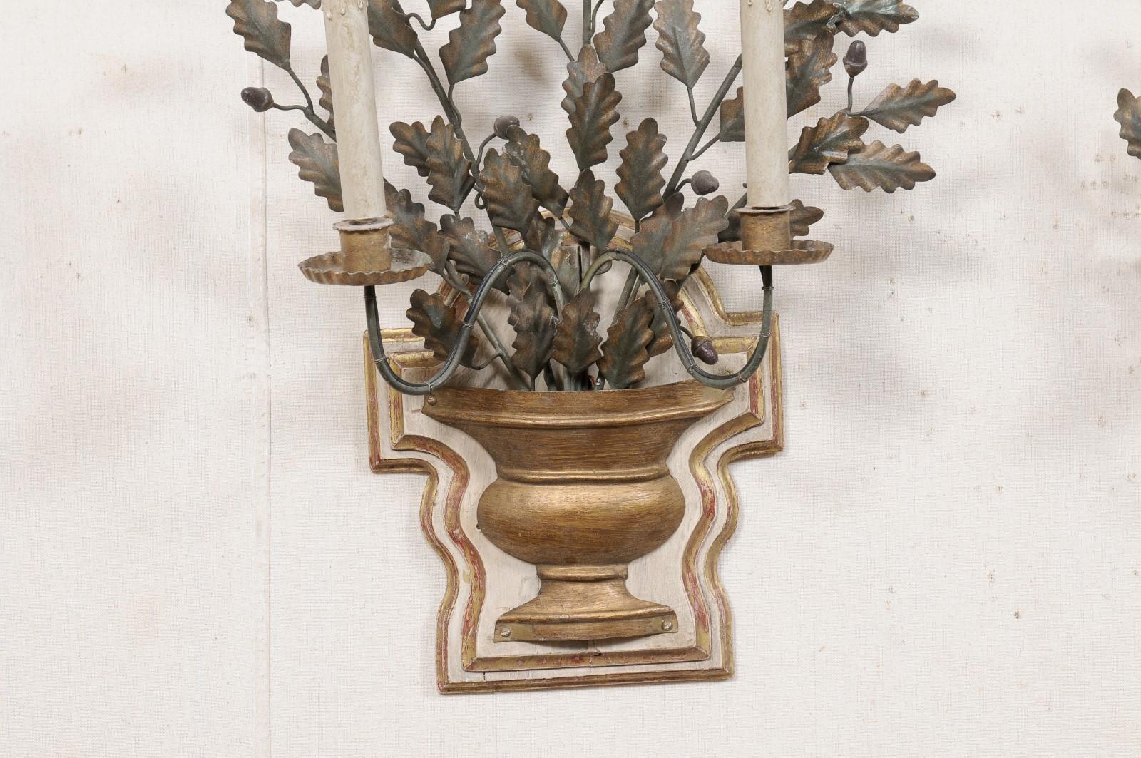 Italian Urn & Floral Motif Two-Light Candle Wall Sconces of Metal and Wood 4