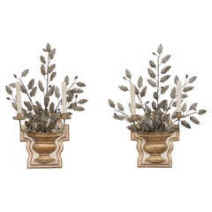 Italian Urn & Floral Motif Two-Light Candle Wall Sconces of Metal and Wood