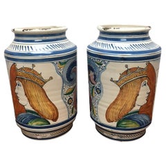 Italian Urns with Male Figures with Crowns, a Pair