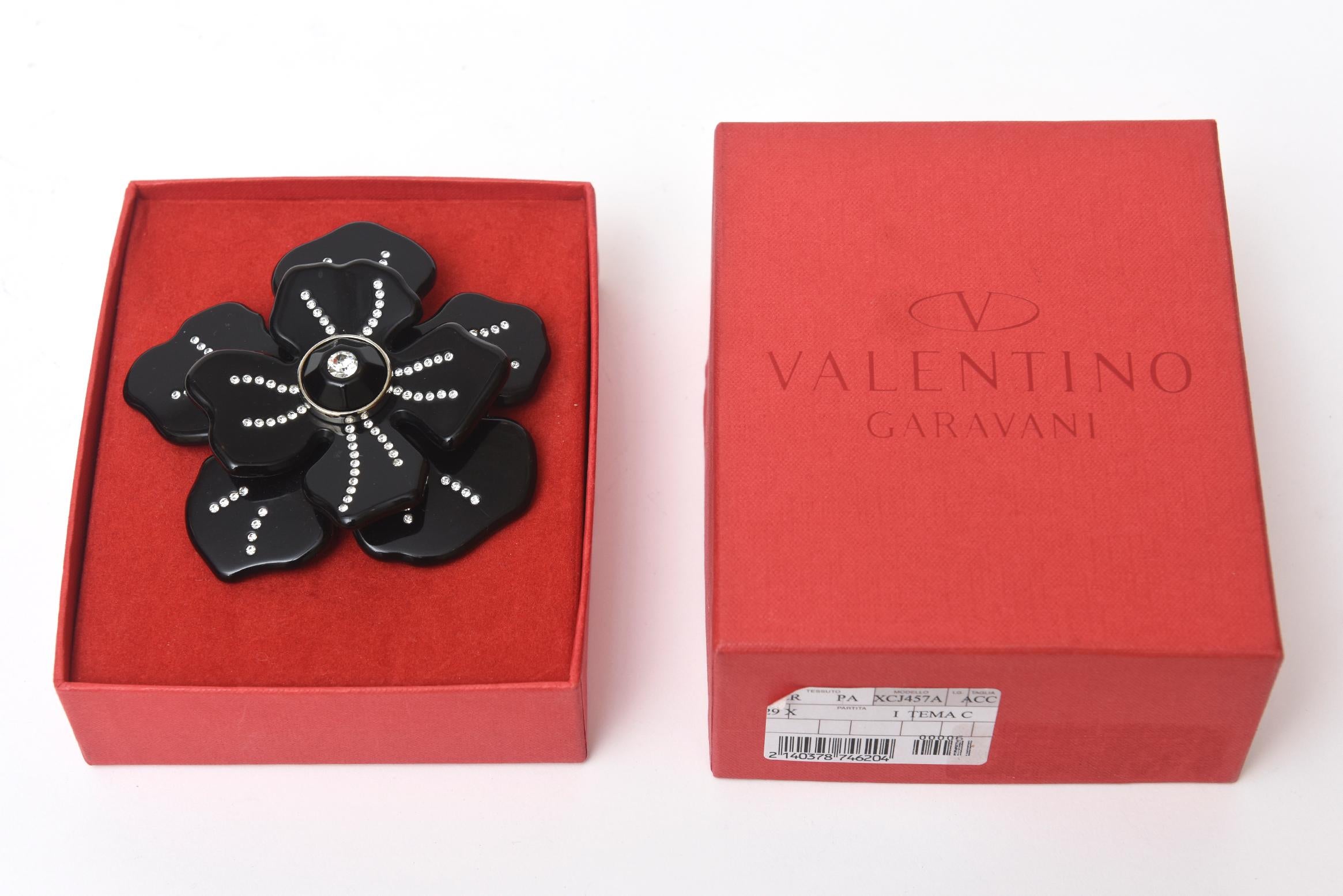Modern  Valentino Black Resin and Rhinestone Flower Brooch Pin For Sale
