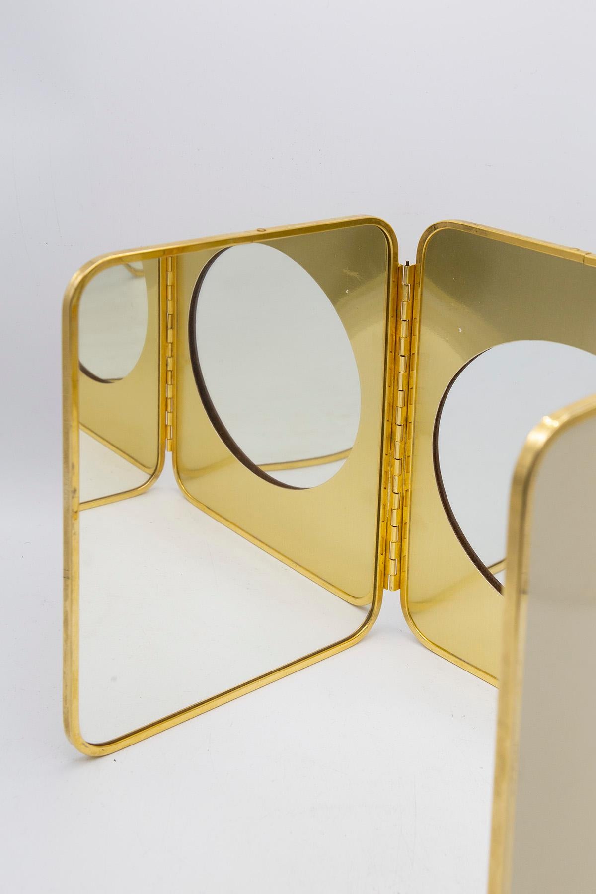 Mid-Century Modern Italian Vanity Mirror Triptych in Brass and Formica For Sale
