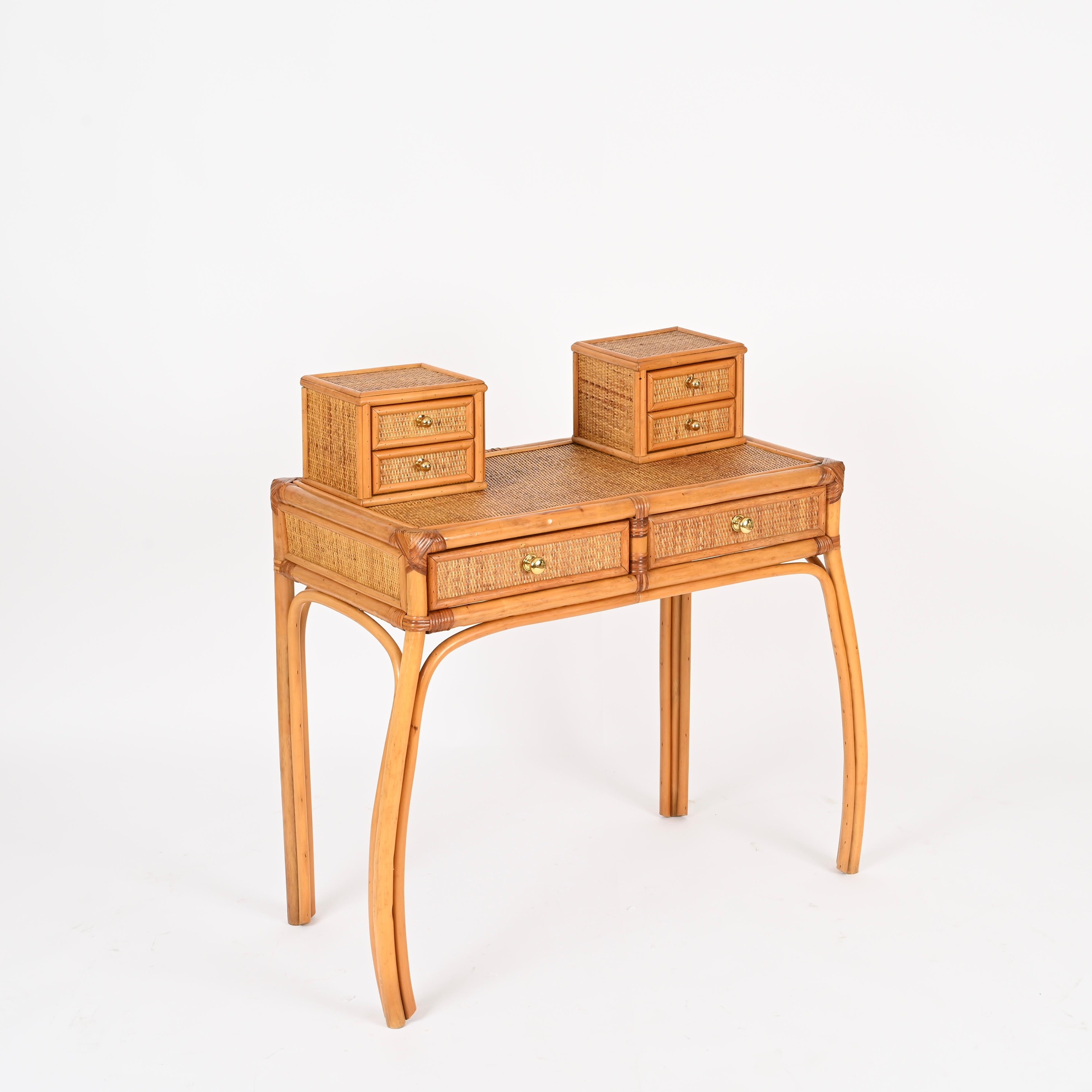 Mid-Century Modern Italian Vanity or Console Table in Bamboo and Rattan by Vivai del Sud, 1970s For Sale