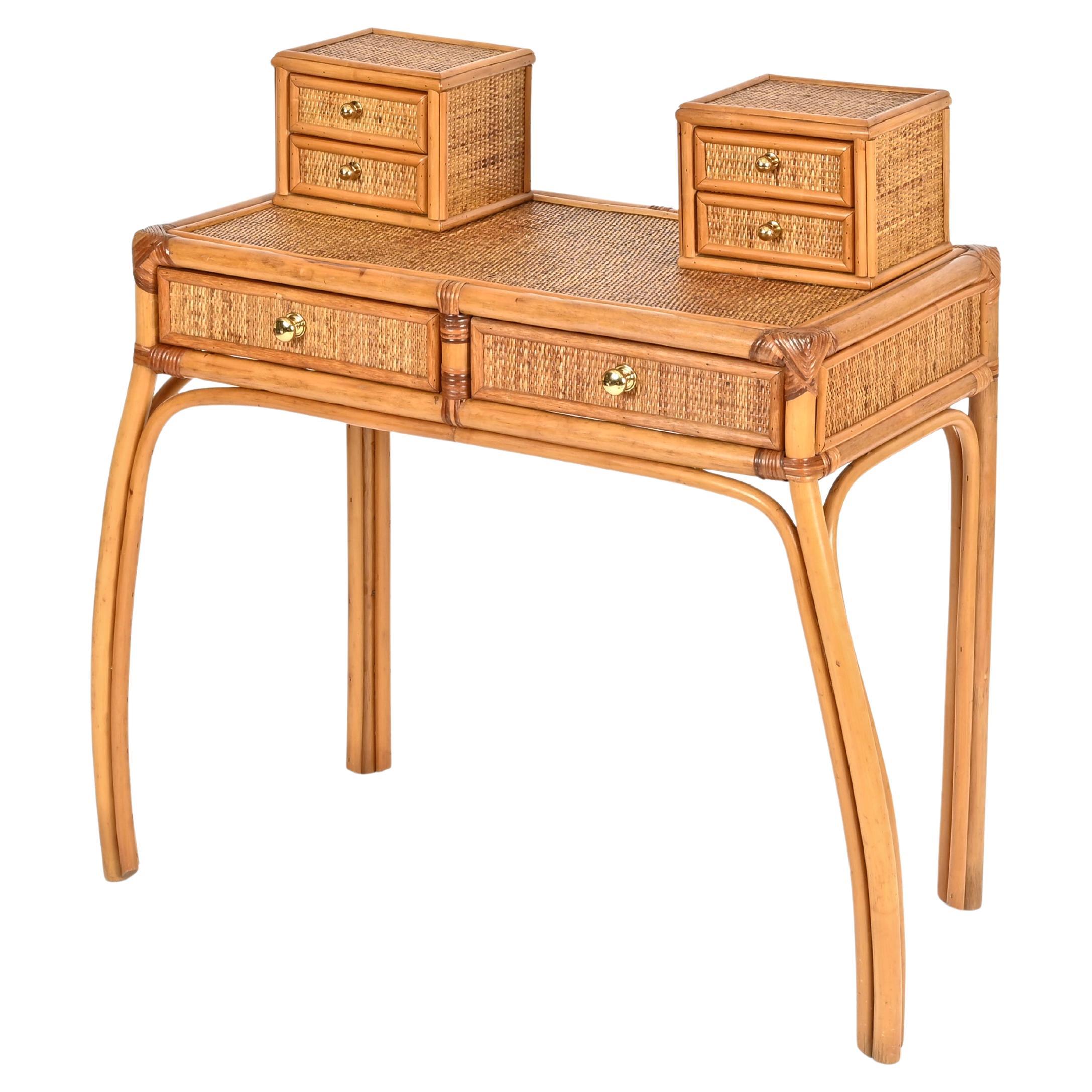 Italian Vanity or Console Table in Bamboo and Rattan by Vivai del Sud, 1970s For Sale