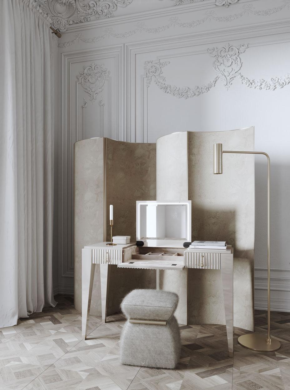 XXIe siècle et contemporain Table de toilette italienne beige/cappuccino/crème laquée avec deux tiroirs en vente