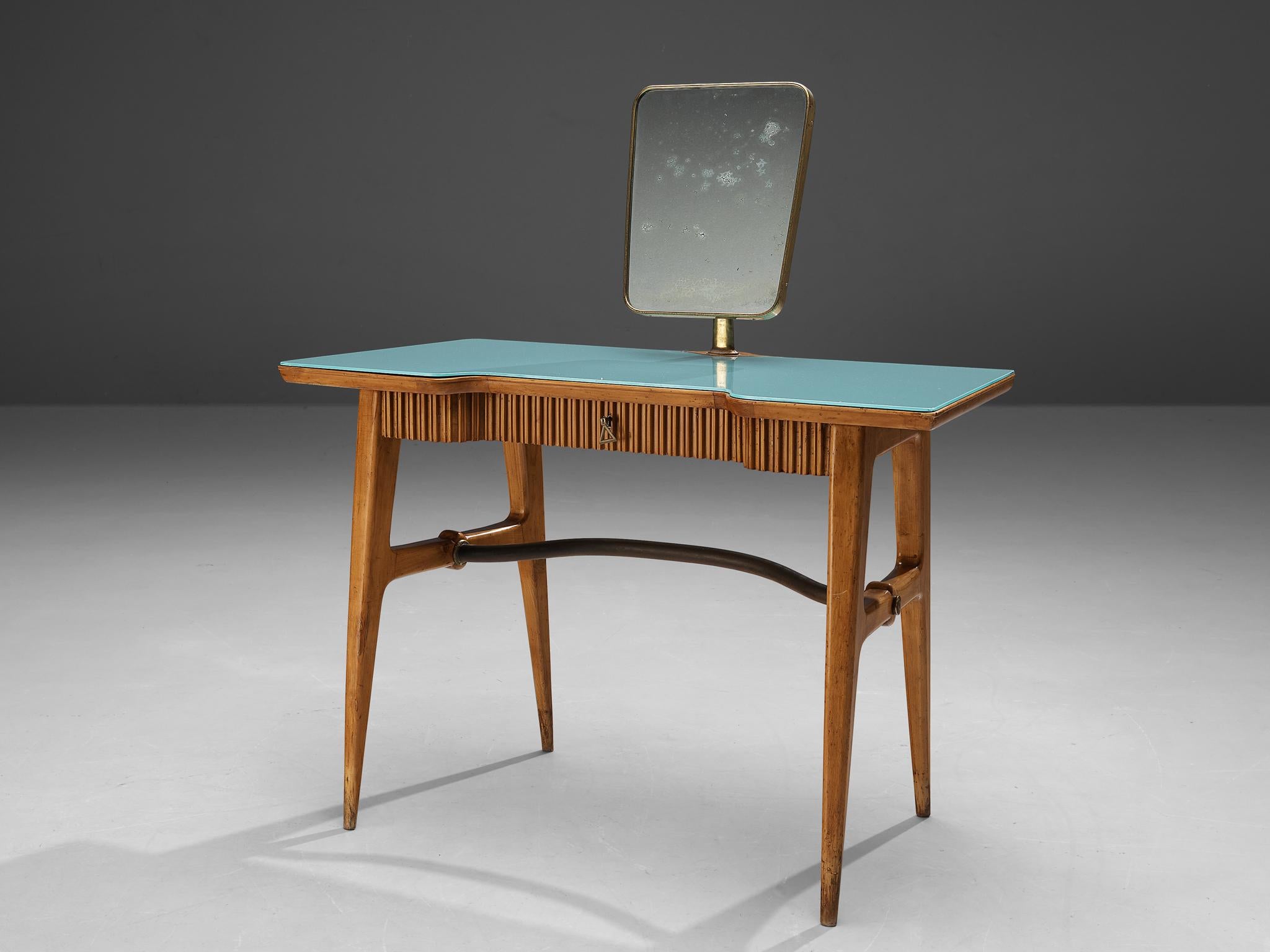 Vanity table, cherry, lacquered ash, brass, glass, leatherette, Italy, 1940s.

Luxurious vanity table designed in the manner of Gio Ponti´s characteristic style. The table is executed in warm cherry wood and contains a turquoise colored glass top,