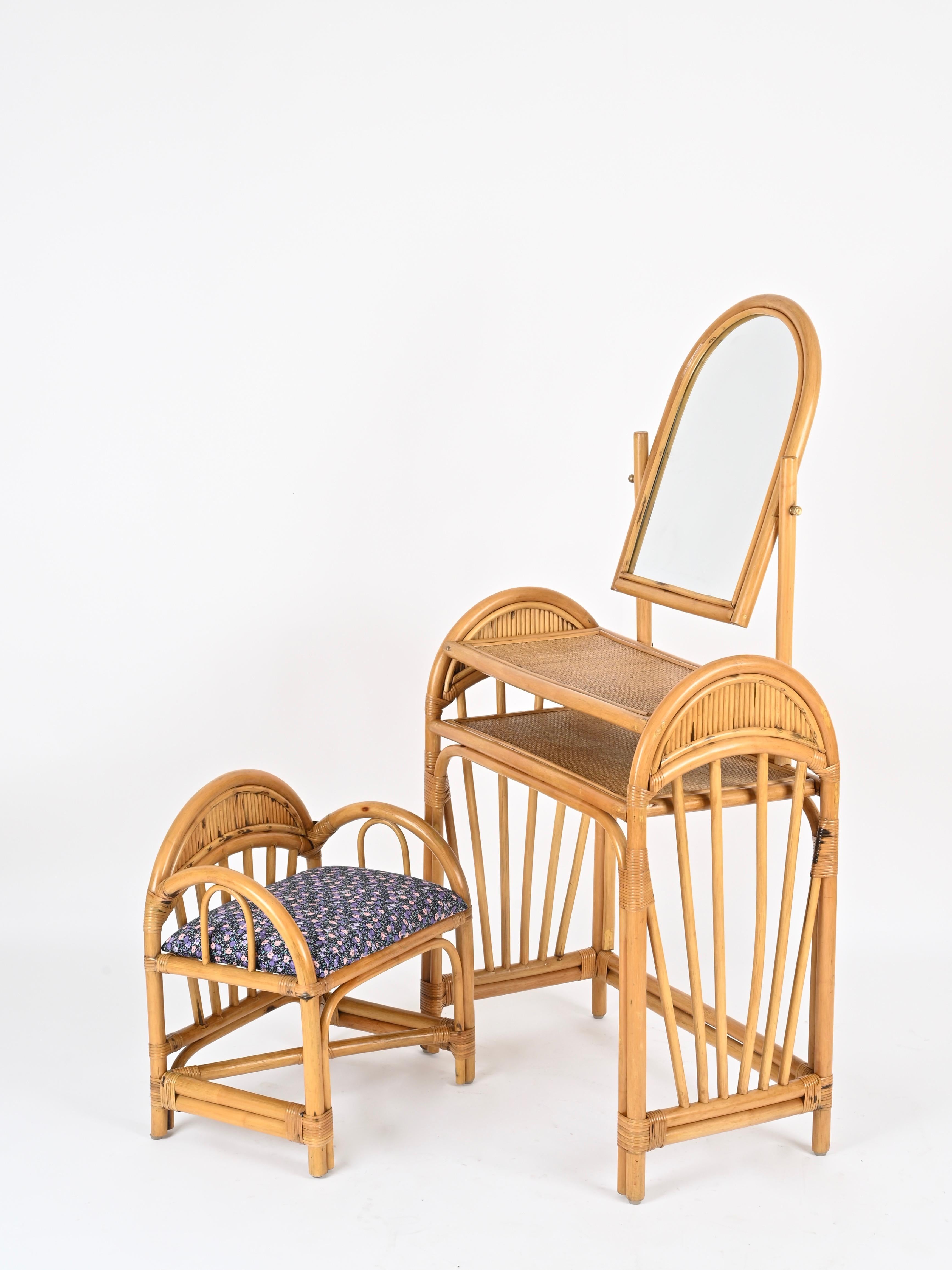 Tocador italiano con silla de bambú y ratán de Vivai del Sud, años 70 en venta 3