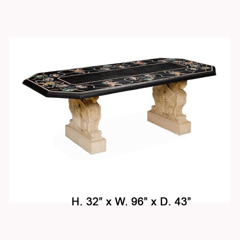 Exquisite Italian Variegated marble inlaid and veneered dining table.
20th century. 
A shaped Pietra Dura style inlaid and veneered variegated marble top decorated with fruiting boughs within foliage and scrolls, over two supports depicting four