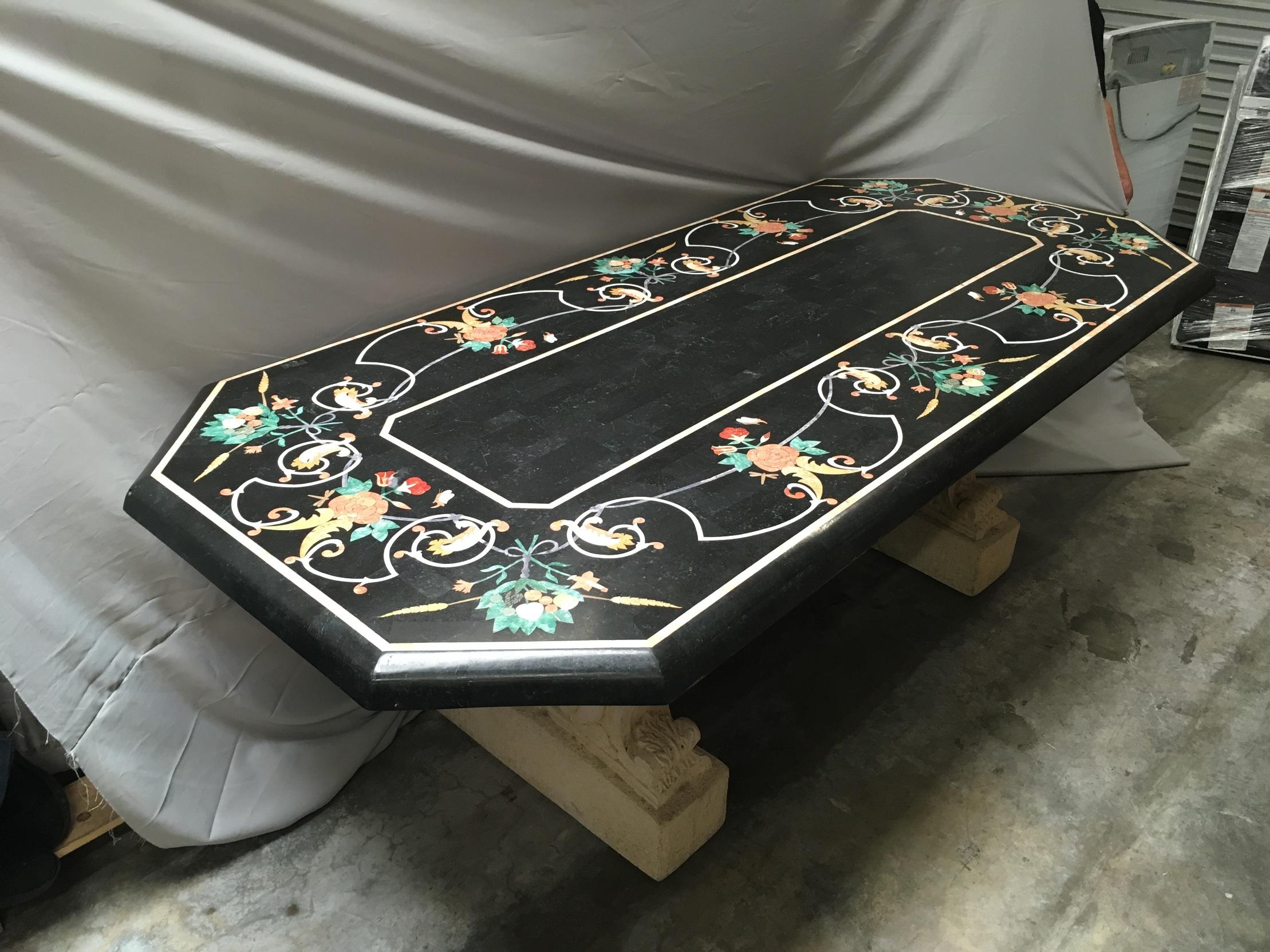 Italian Variegated Marble Inlaid Dining Table In Good Condition In Cypress, CA