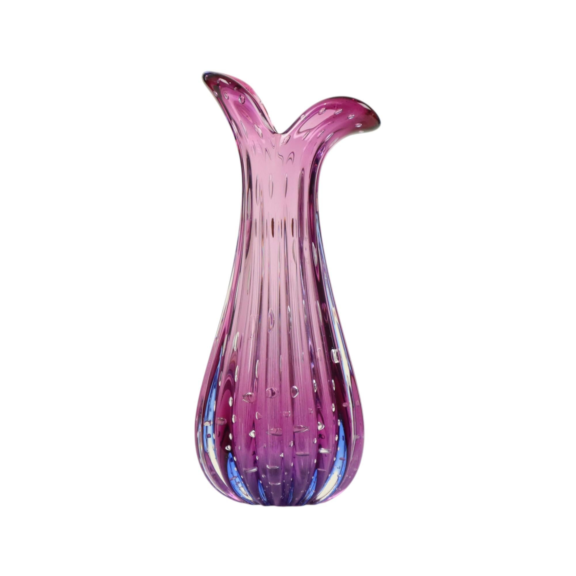 Jarrón Italiano Bullicante Cristal de Murano Morado Azul 28cm Hecho a mano en venta