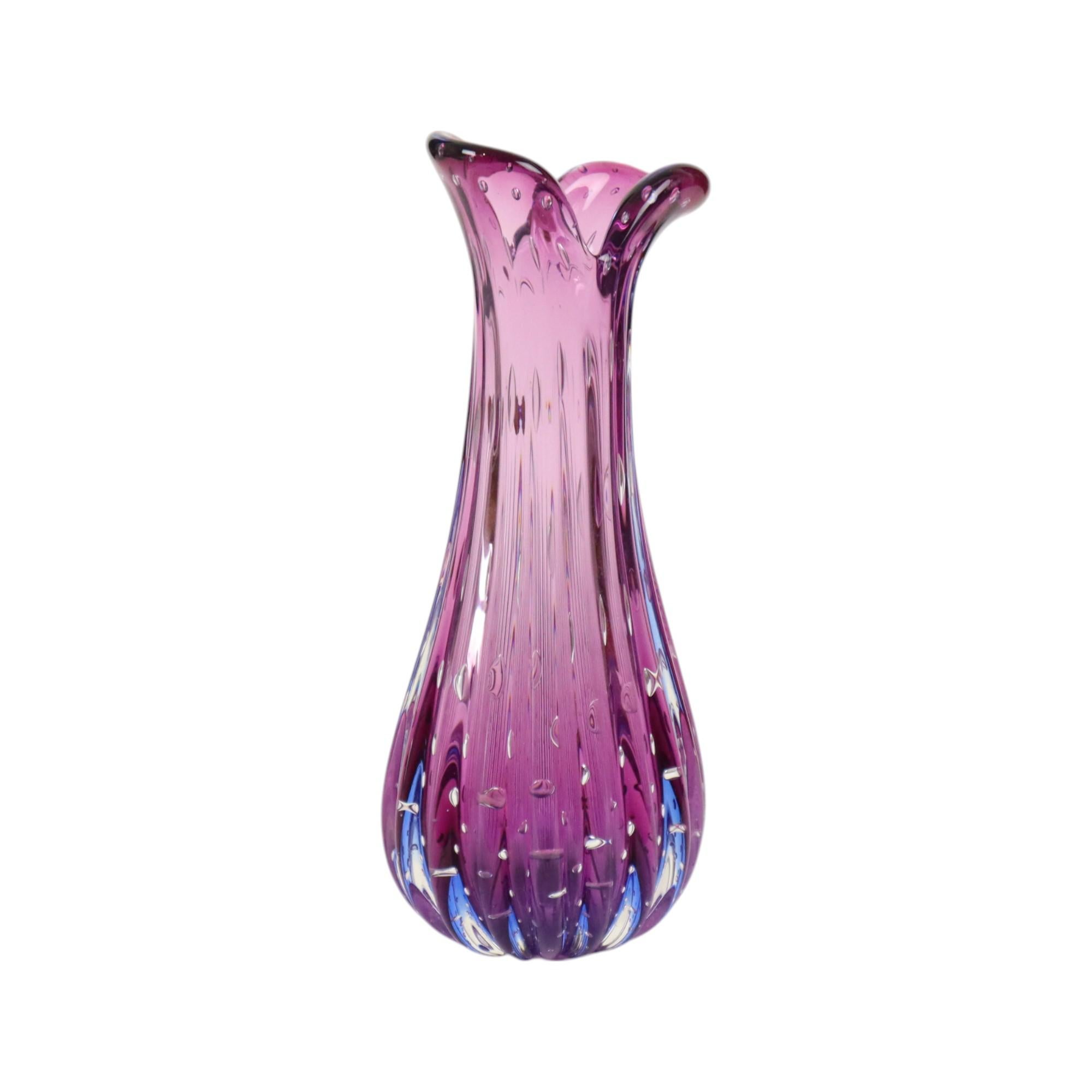 Jarrón Italiano Bullicante Cristal de Murano Morado Azul 28cm en venta 2