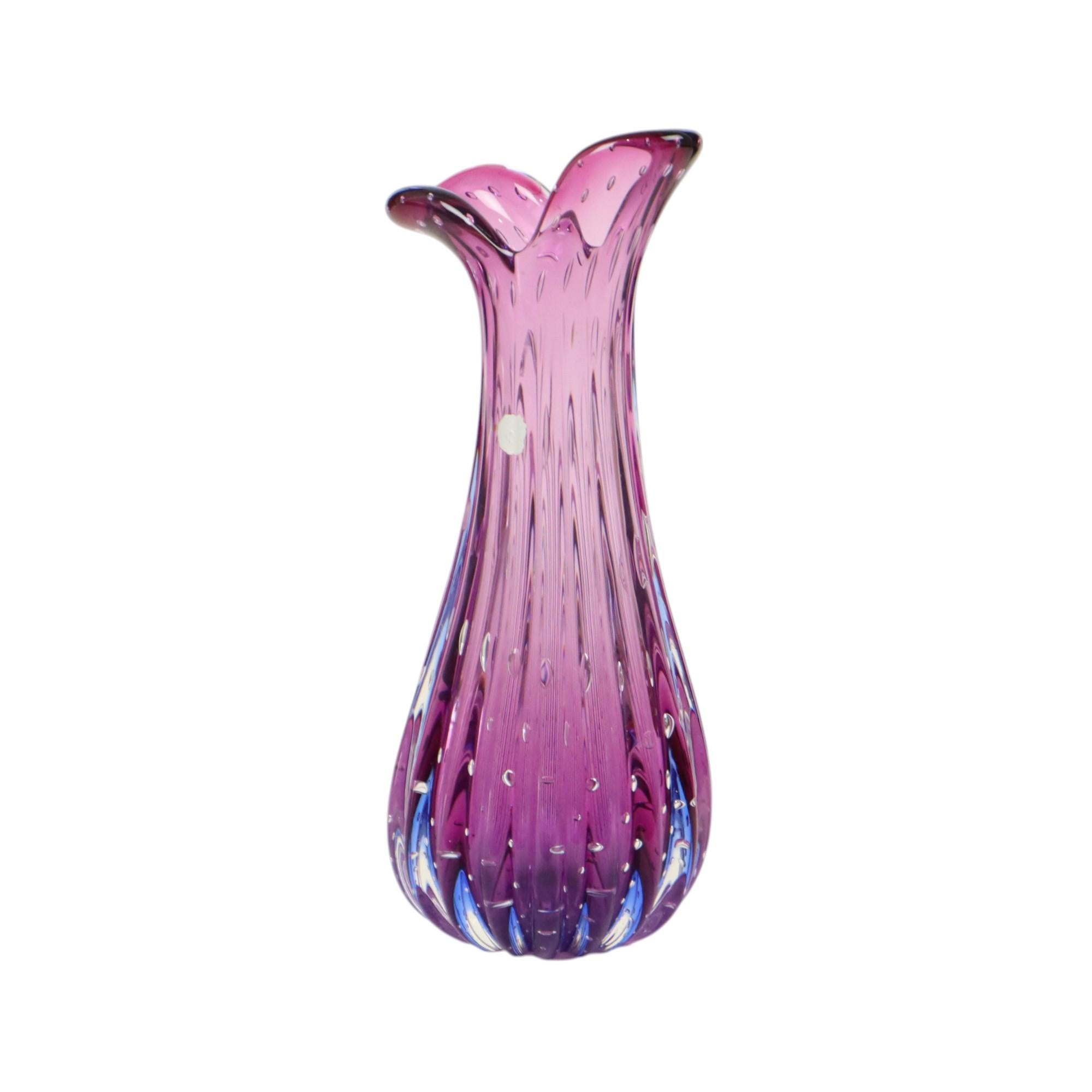 Jarrón Italiano Bullicante Cristal de Murano Morado Azul 28cm en venta 3