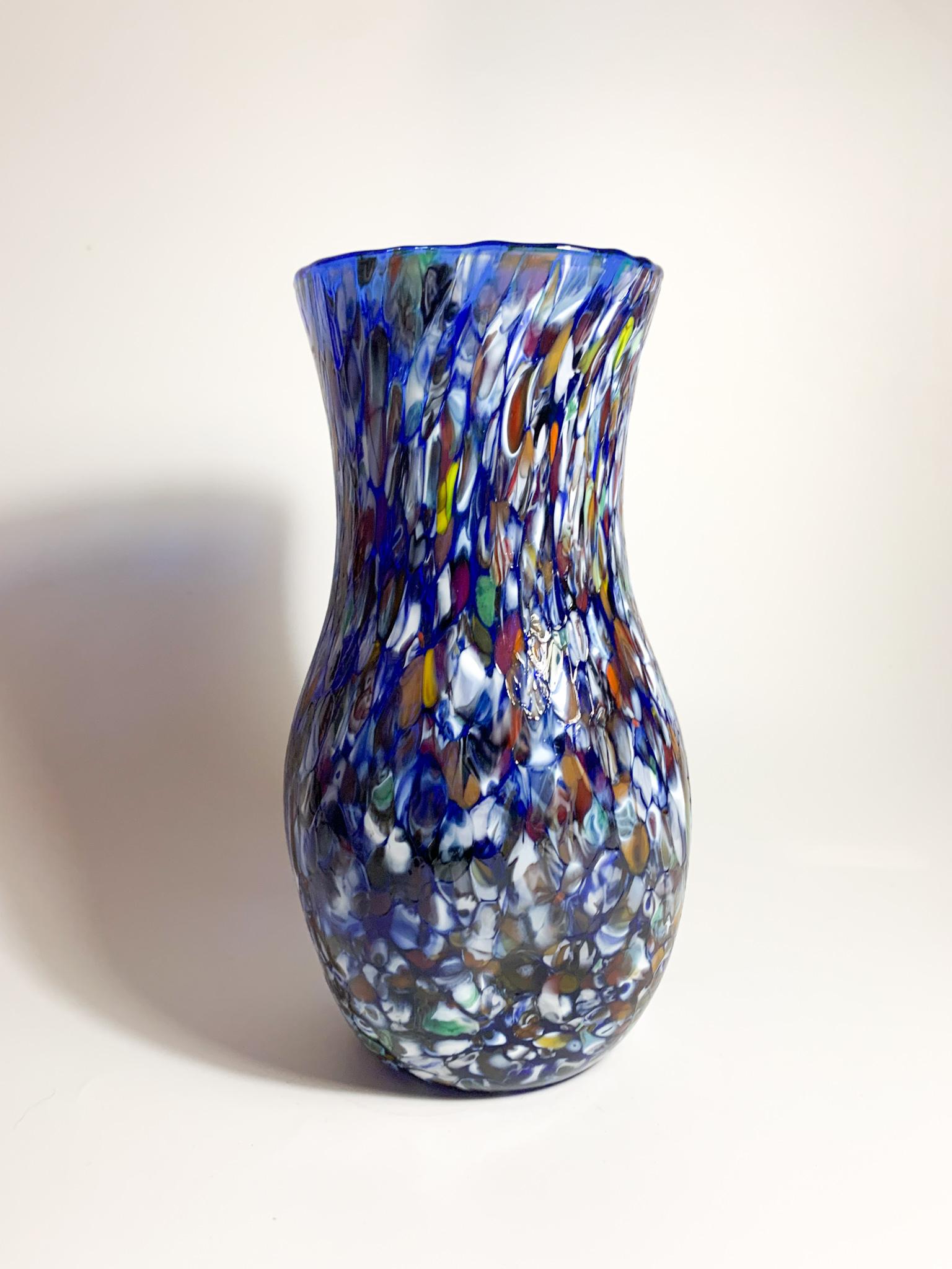 Italian Vase in Blue Murano Glass with Murrine by Fratelli Toso from the 1940s 9