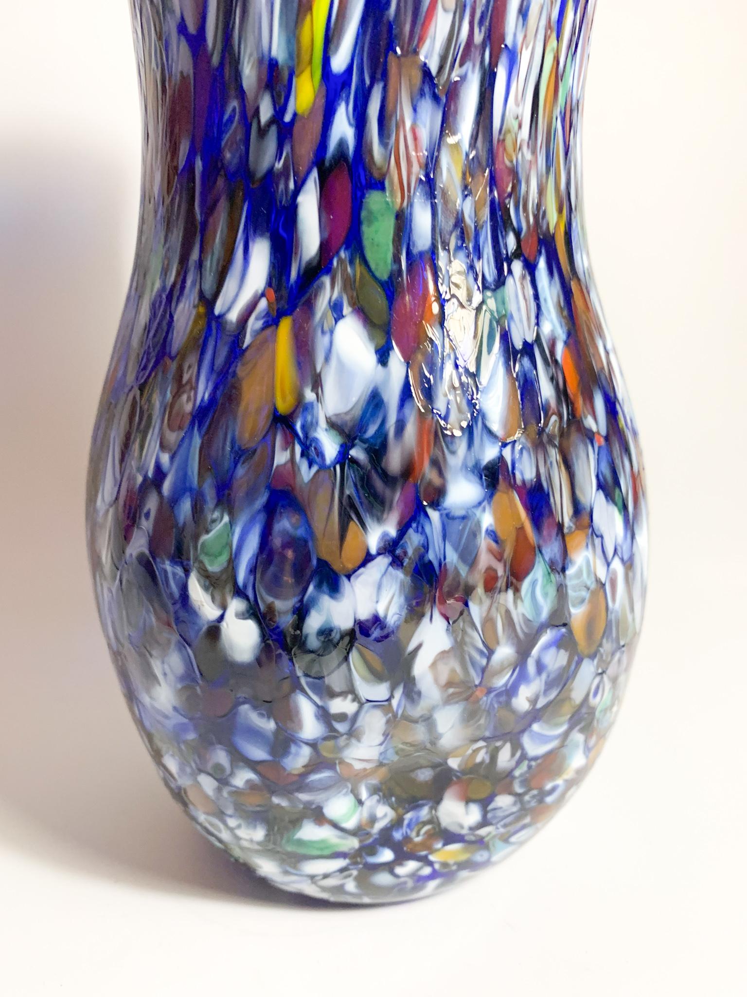 Art Nouveau Italian Vase in Blue Murano Glass with Murrine by Fratelli Toso from the 1940s