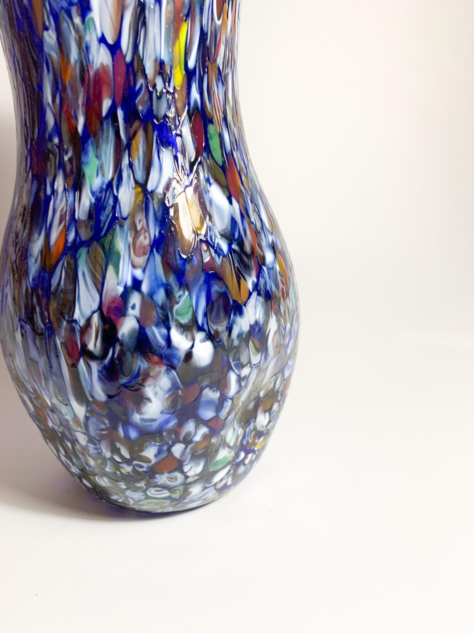 Italian Vase in Blue Murano Glass with Murrine by Fratelli Toso from the 1940s 3