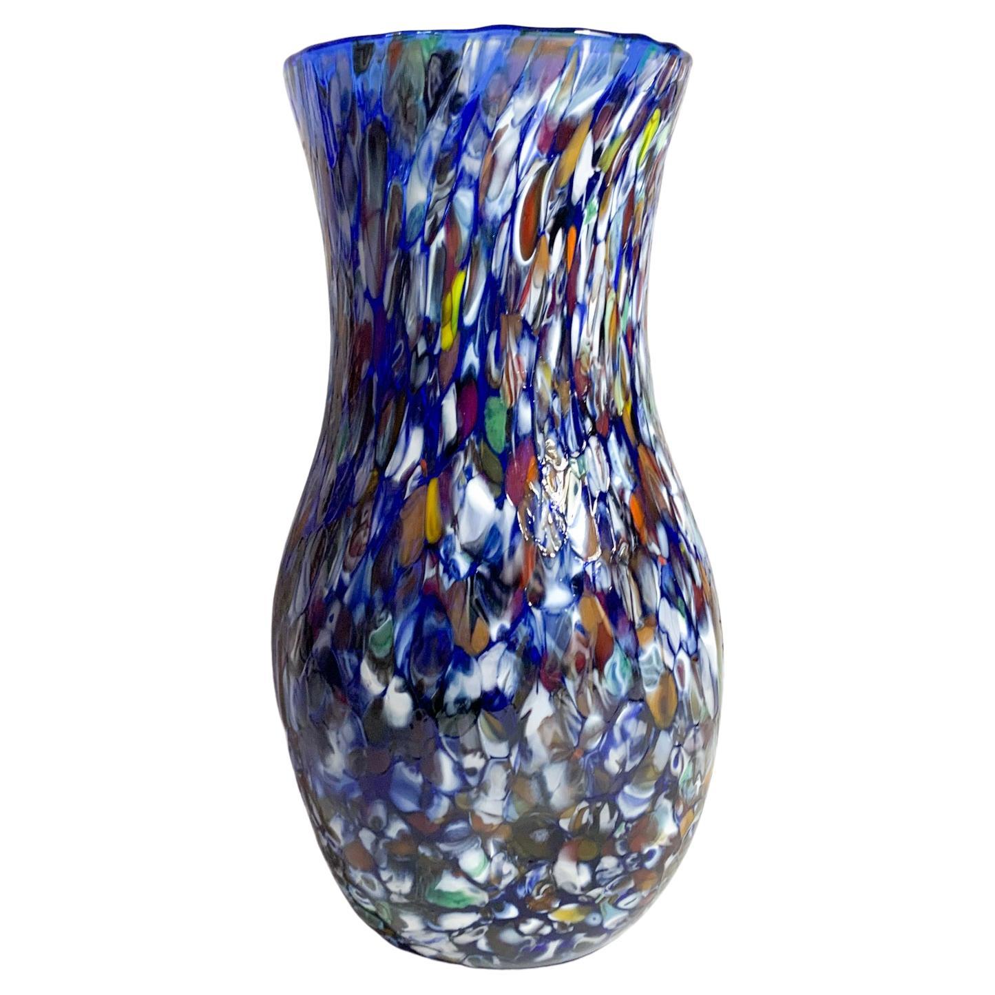 Italian Vase in Blue Murano Glass with Murrine by Fratelli Toso from the 1940s