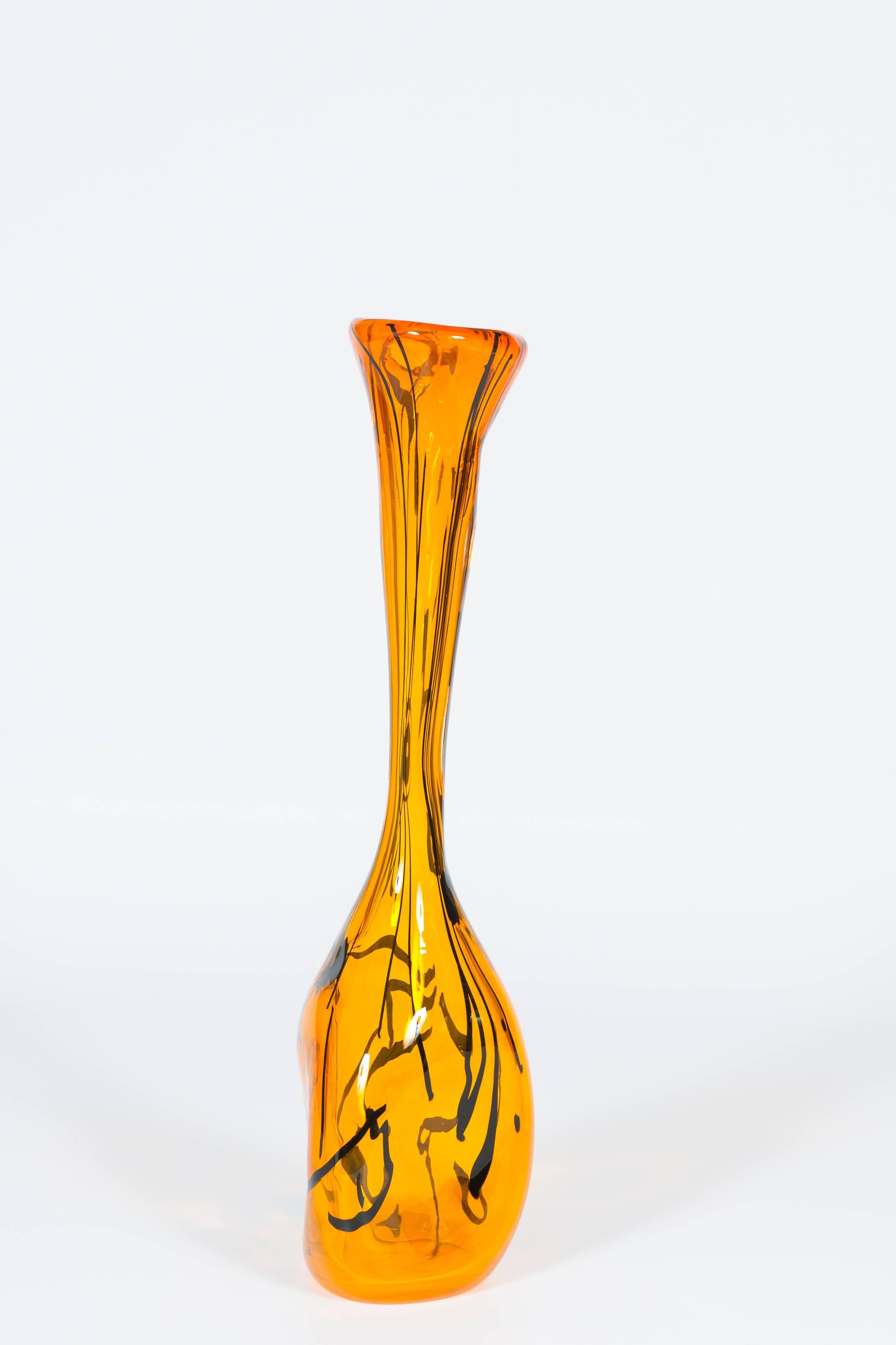 Organic Modern Italian Venetian, Modern Vase, Blown Murano Glass, Orange, Black Stripes 1990s 