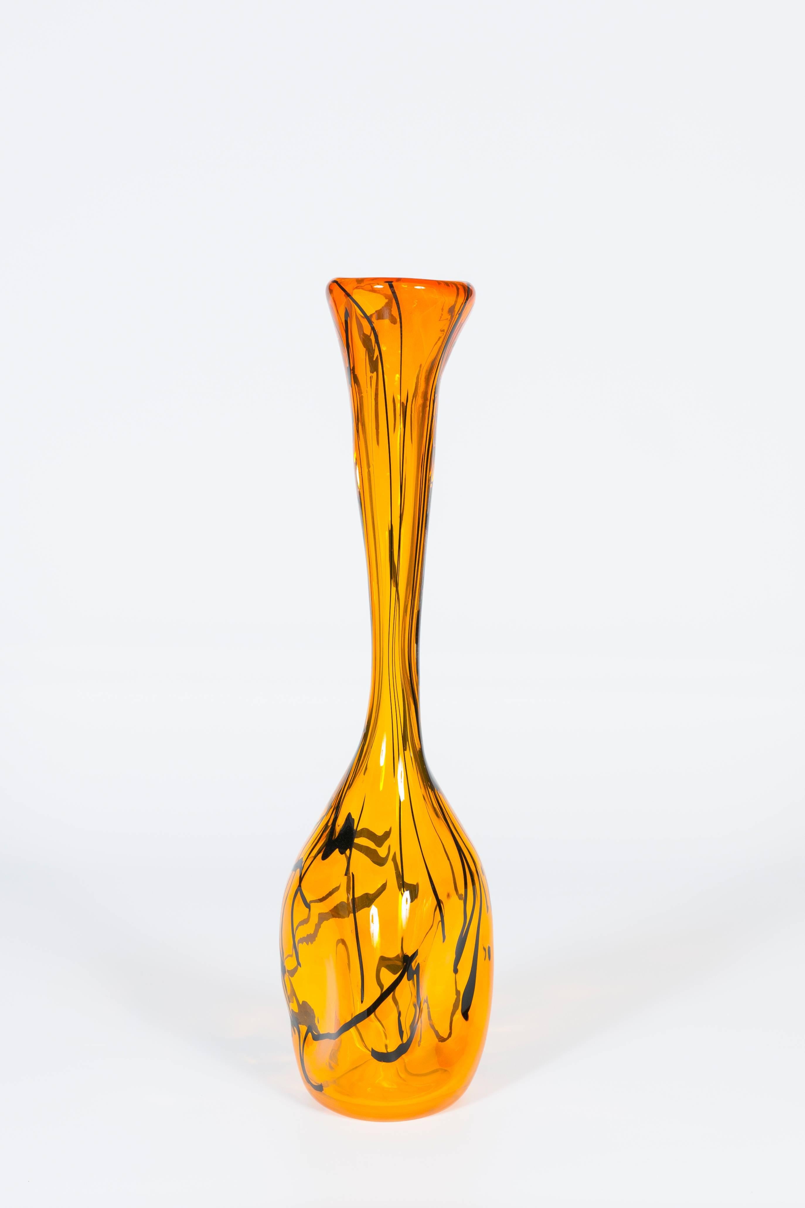Hand-Crafted Italian Venetian, Modern Vase, Blown Murano Glass, Orange, Black Stripes 1990s 