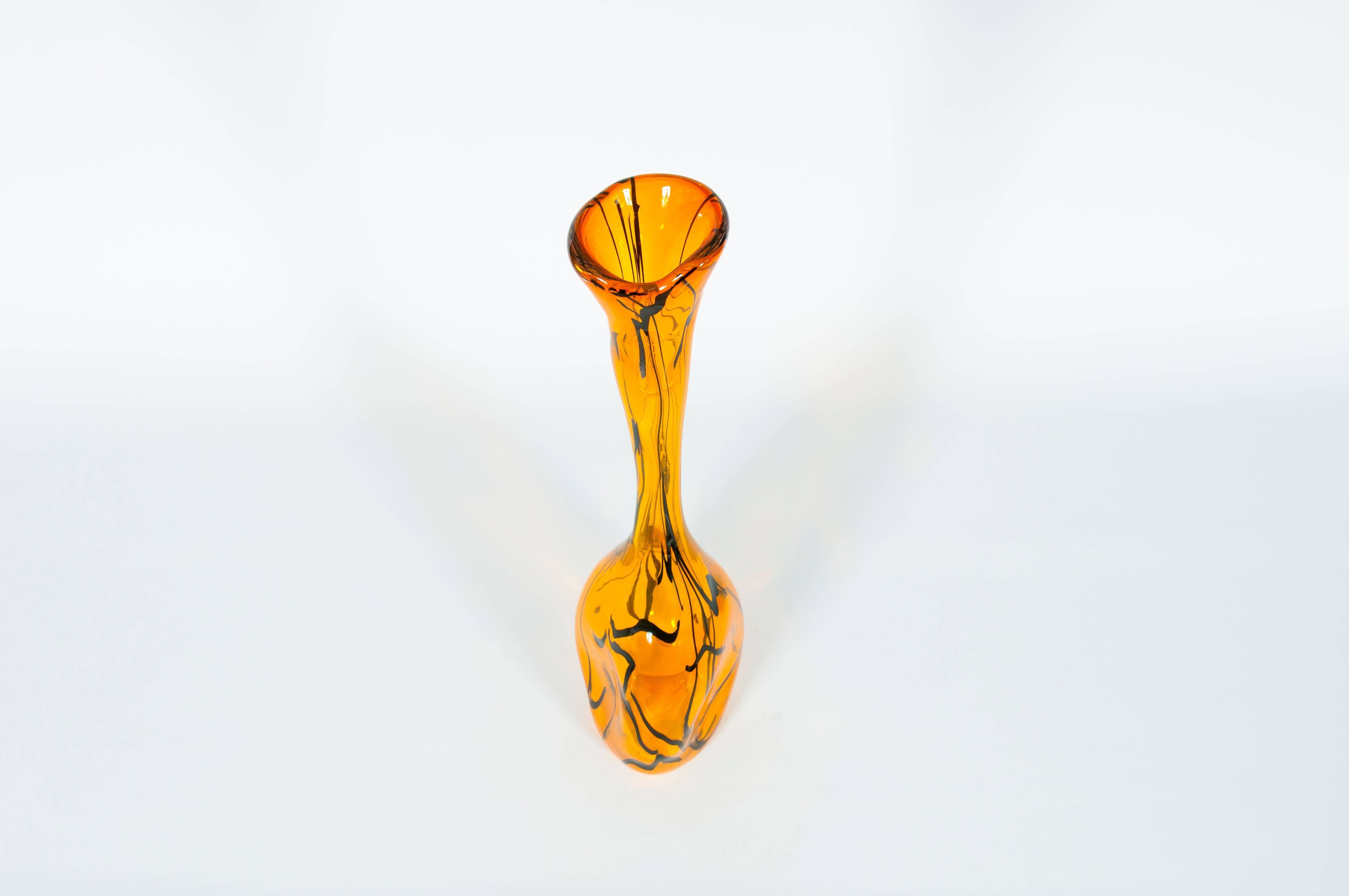 Italian Venetian, Modern Vase, Blown Murano Glass, Orange, Black Stripes 1990s  In Excellent Condition In Villaverla, IT