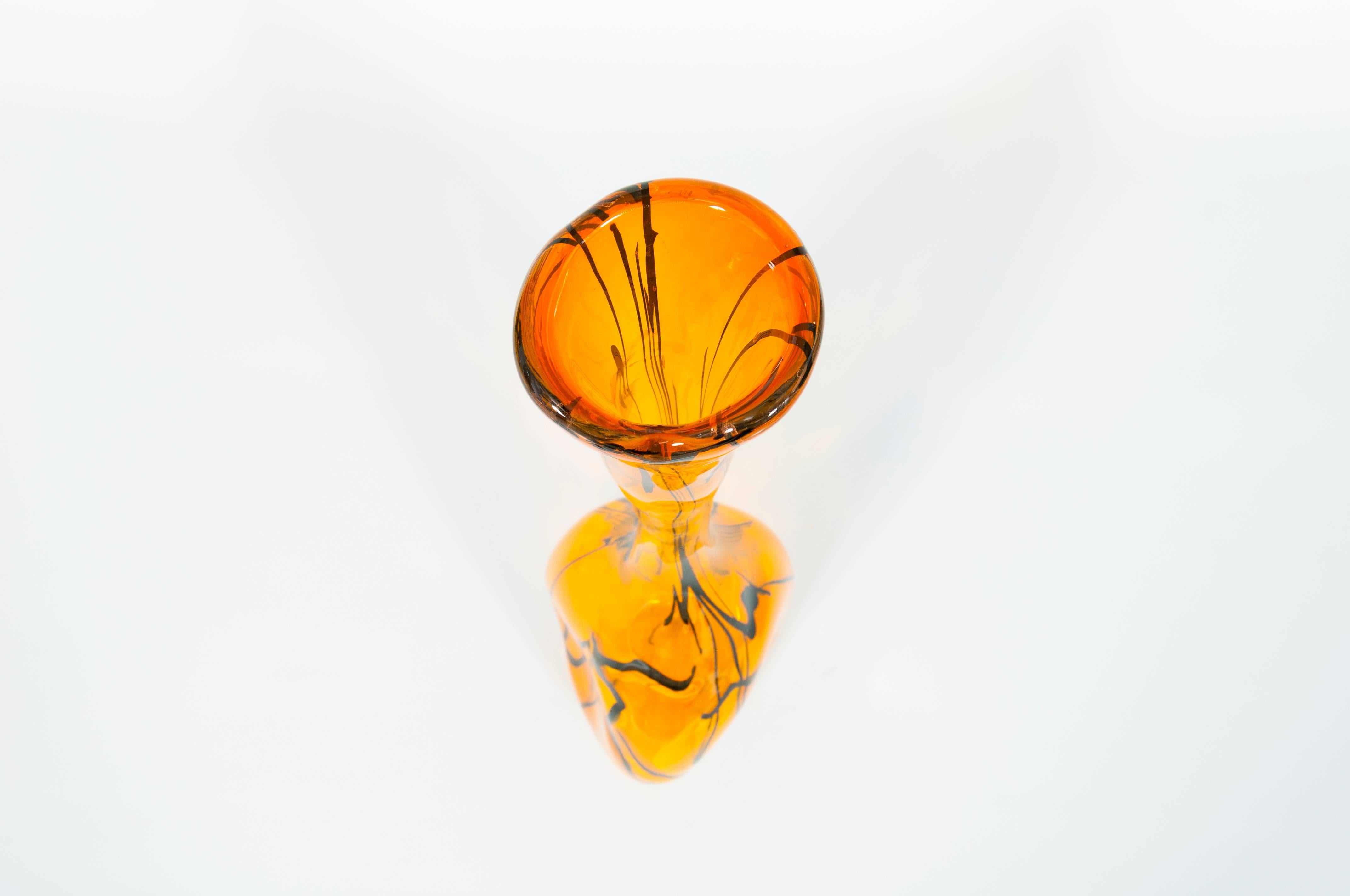 Late 20th Century Italian Venetian, Modern Vase, Blown Murano Glass, Orange, Black Stripes 1990s 